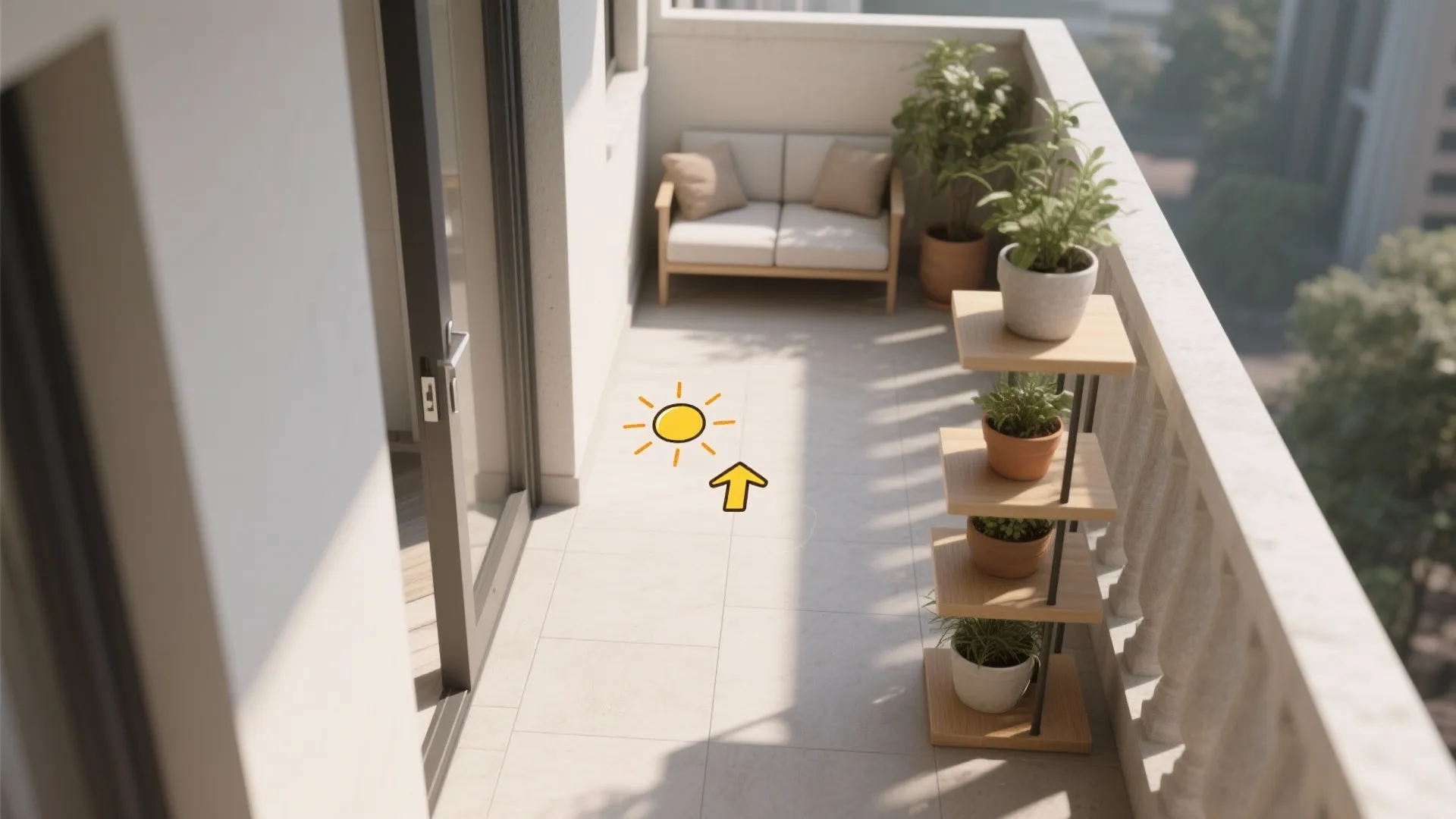 Top-down balcony plan showing door swing, seating, and a slim tiered plant stand.