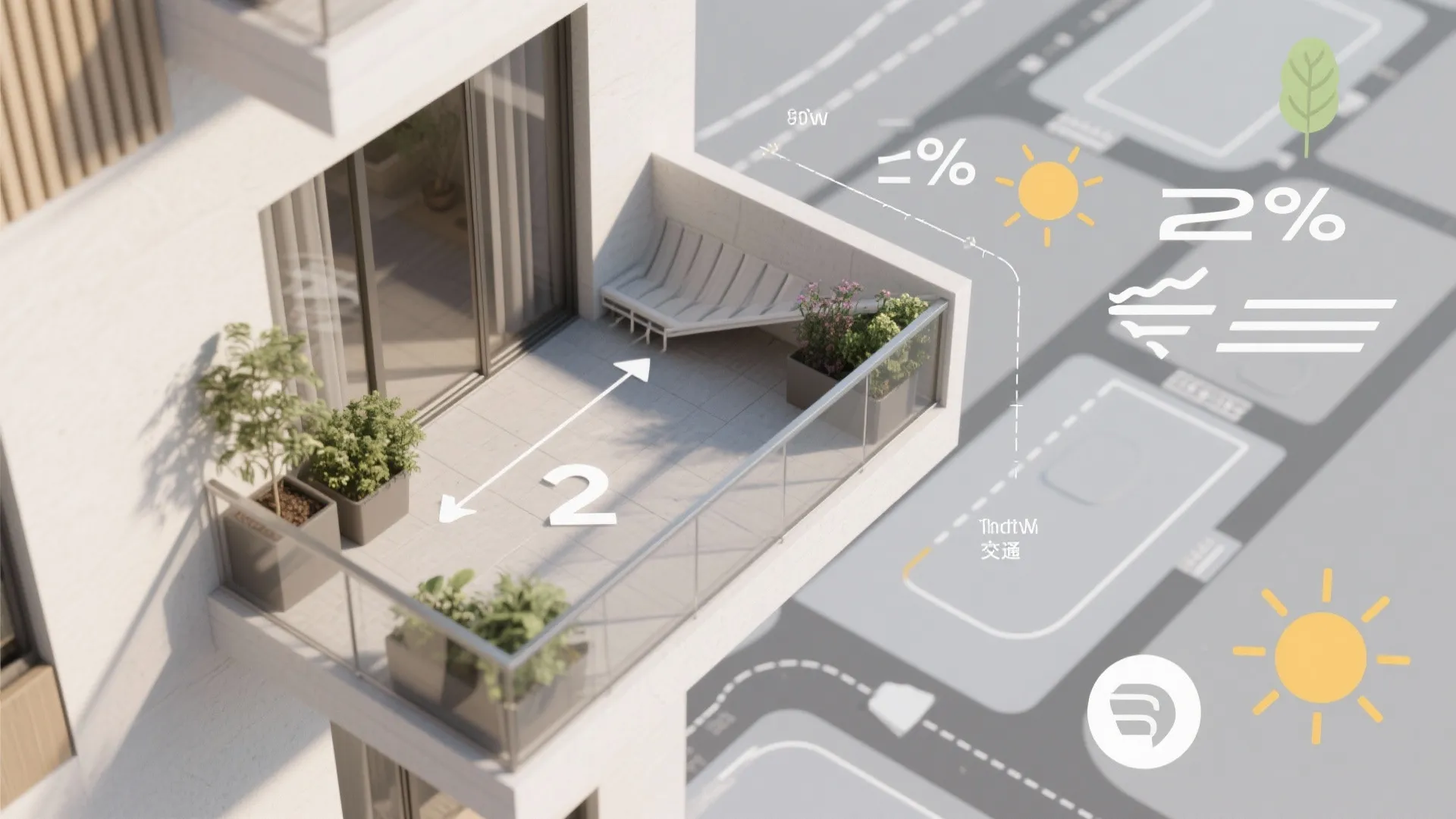 Top-down balcony plan showing slope, drainage, microclimate cues, planter placement, and traffic flow.