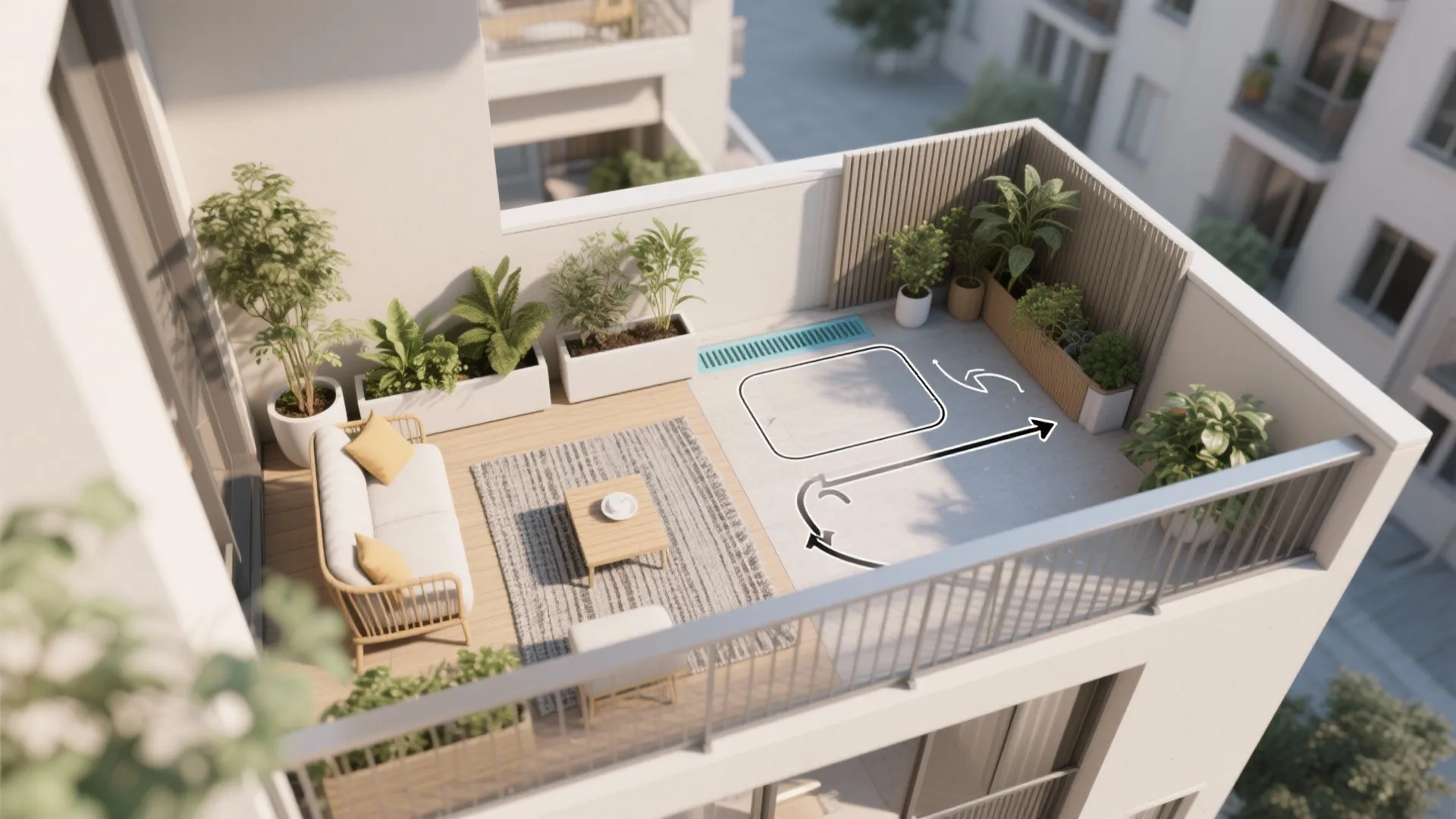 Top-down balcony layout showing zones for plants, seating, rug, rail planters, and a privacy screen.