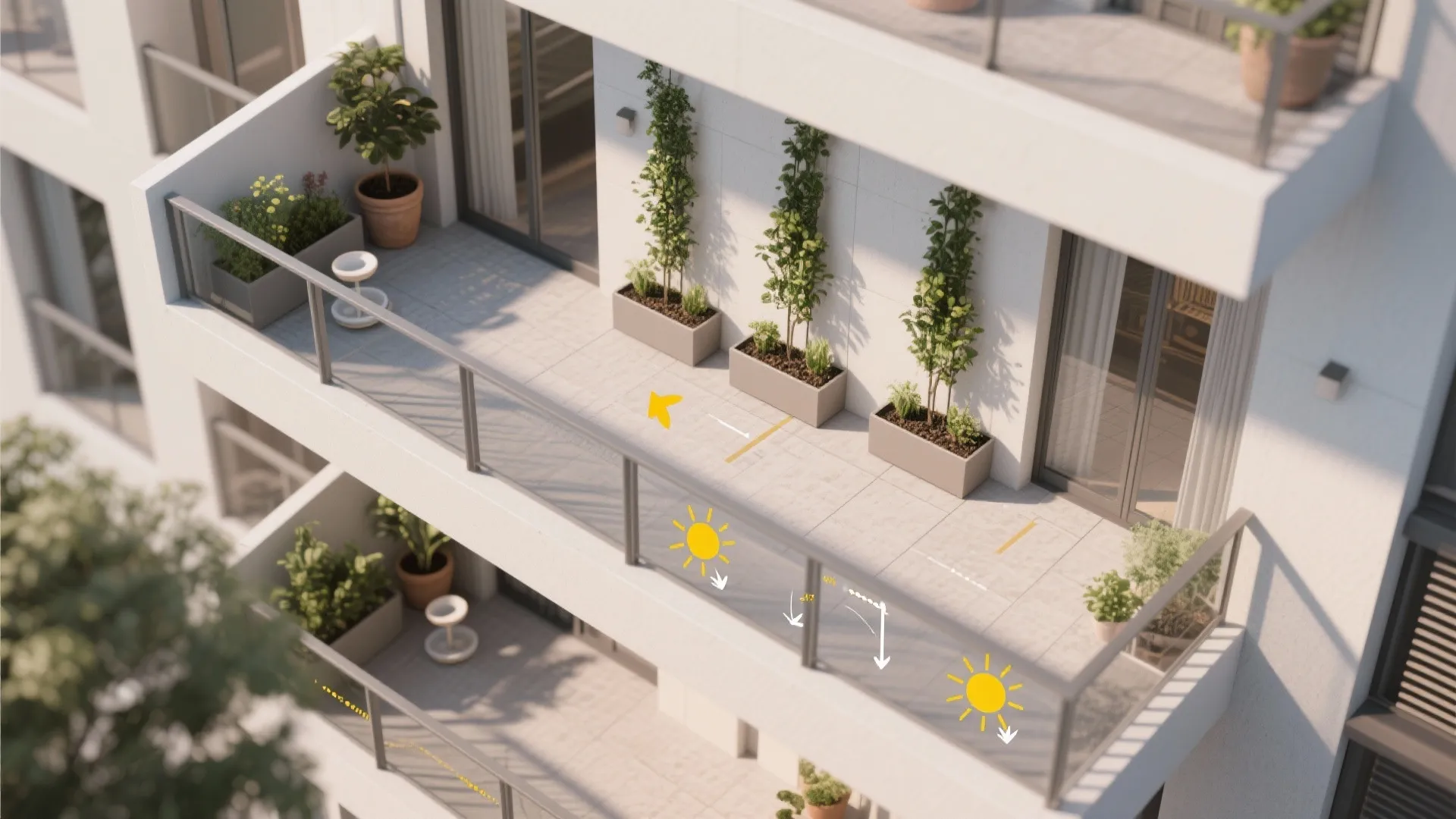 2) Green pocket garden: vertical planters, rail boxes, and pollinator-friendly blooms