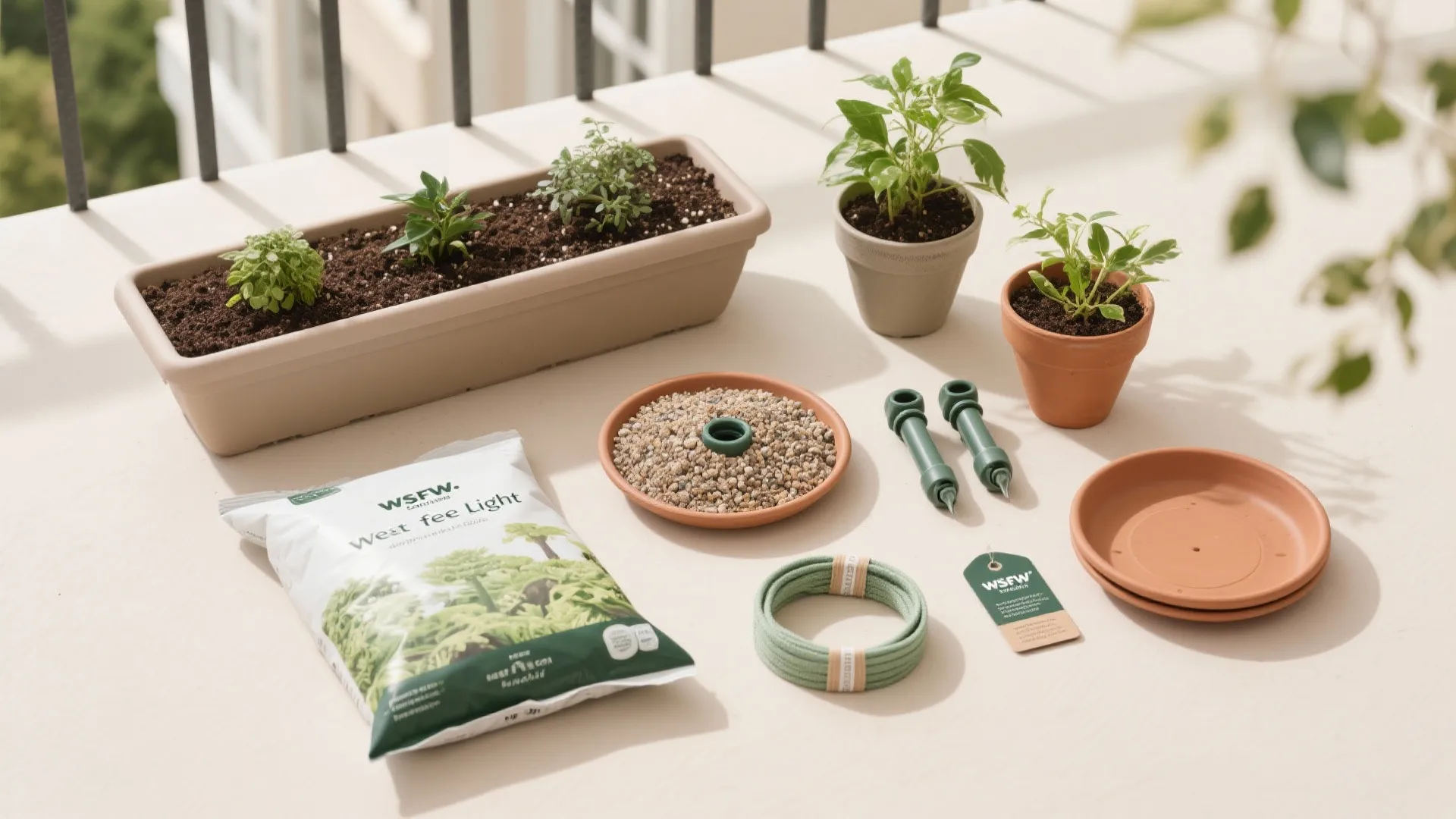 Flat lay of peat-free mix, grit, self-watering parts, ties, and trays for balcony plants.
