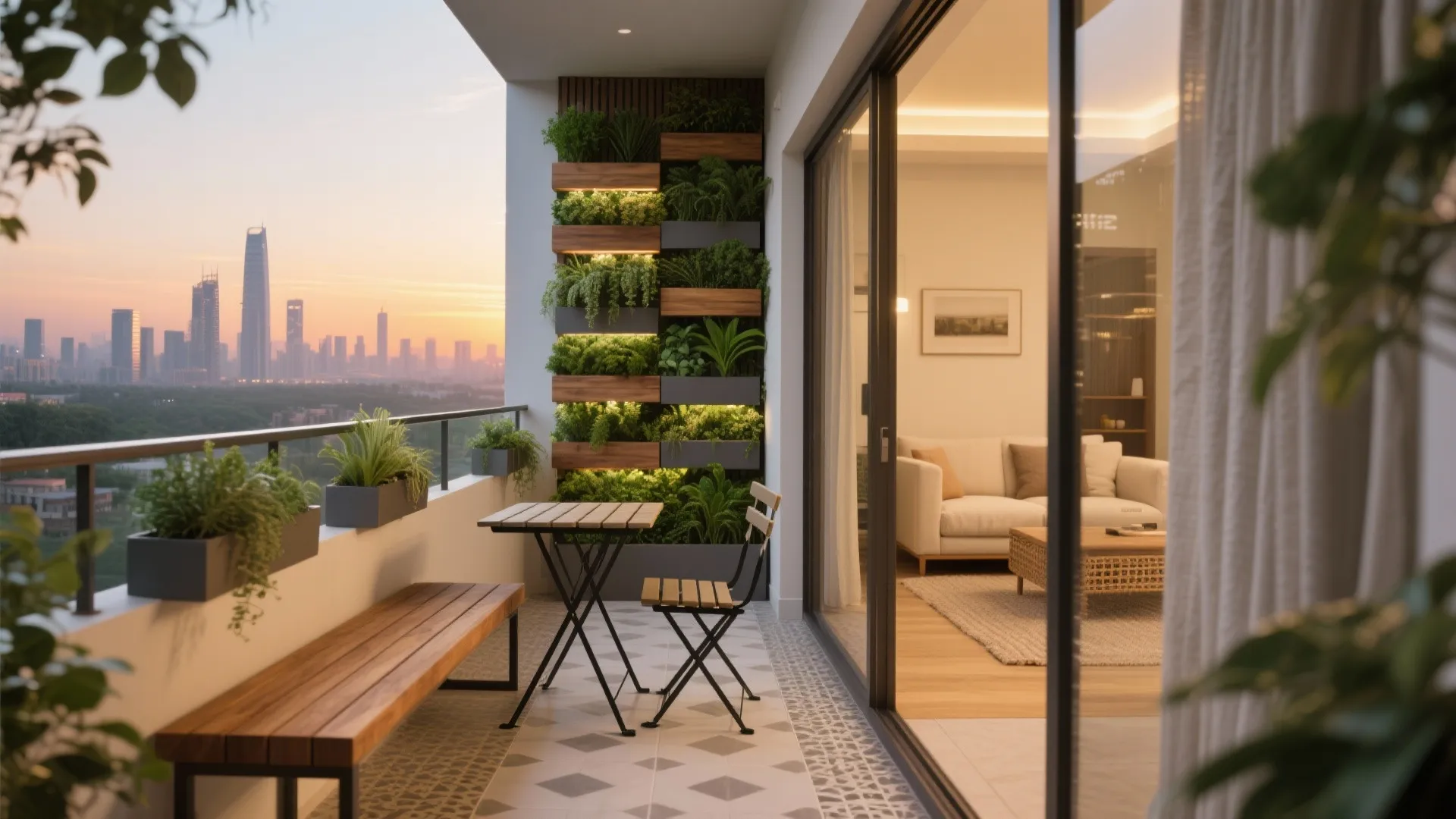 Balcony biophilia and warm textures for a calm finish