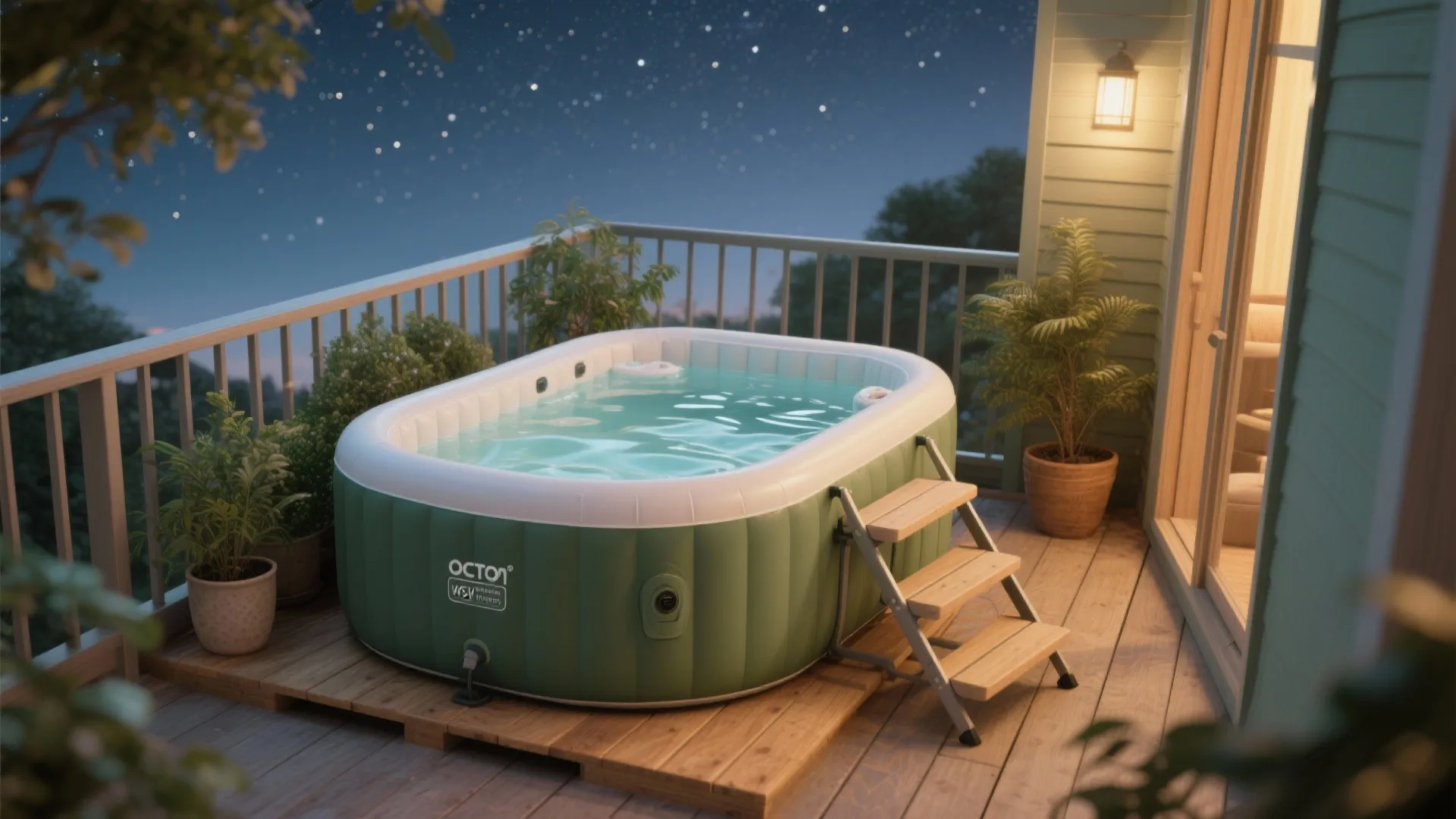 Portable inflatable green hot tub on a wooden balcony under a beautiful starry night sky scene