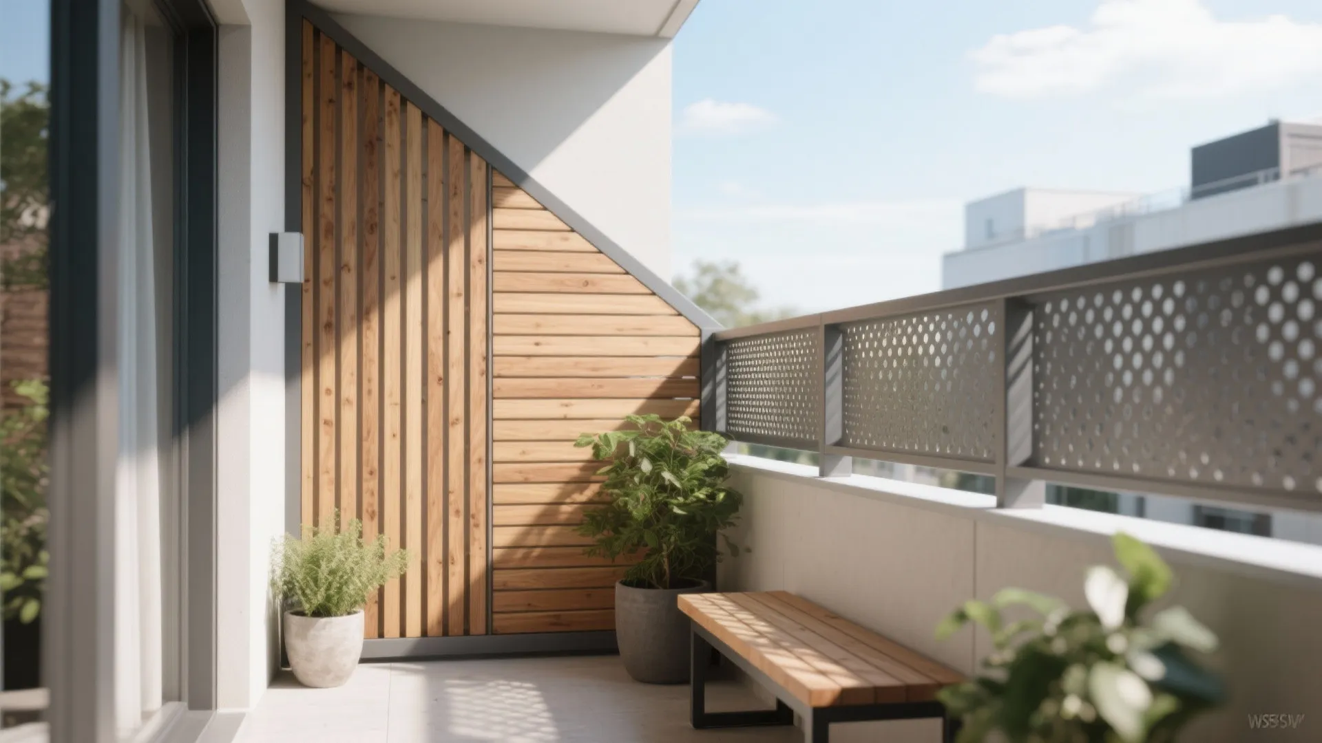 Small balcony with angled cedar slats and a perforated metal screen preserving light and airflow.
