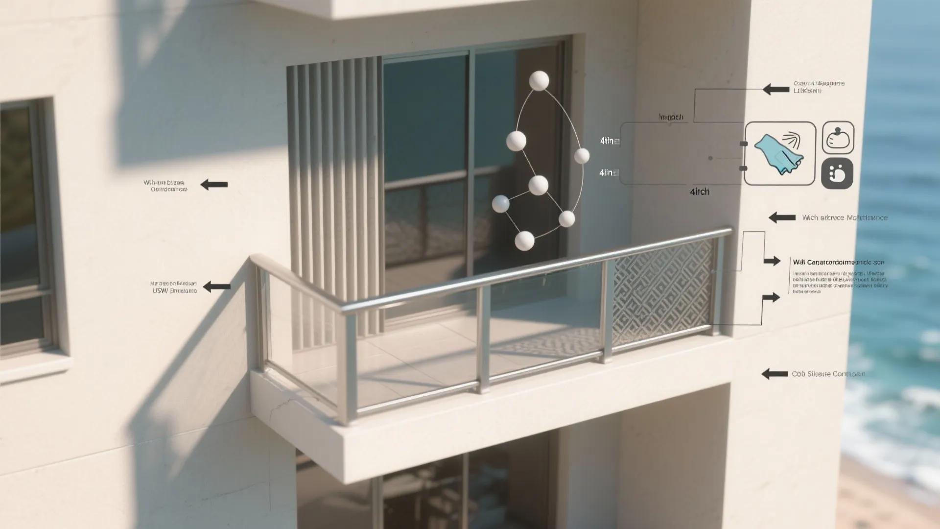 Top-down visual of a small balcony plan showing rail options, airflow, spacing, and care cues.