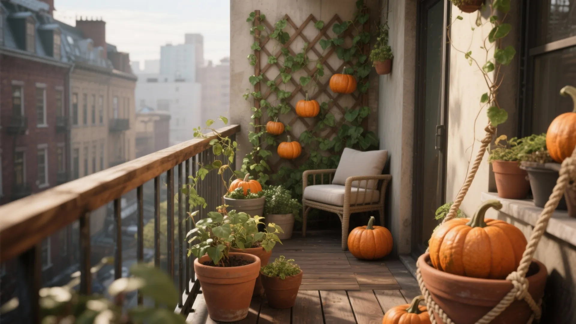 Cozy balcony with wooden floor featuring orange pumpkins, green plants, and a white cushion chair