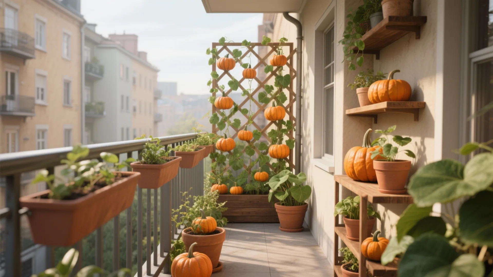 Small apartment balcony decorated with many orange pumpkins on wooden shelves and a climbing plant trellis