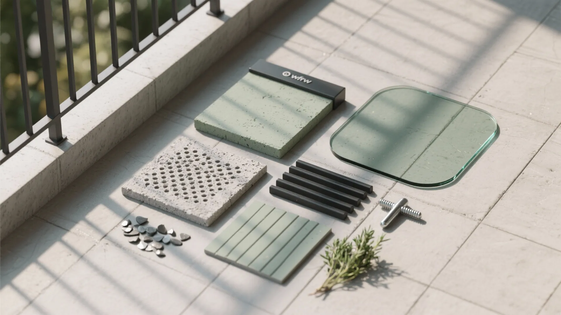Flat lay of building materials including glass panel concrete blocks green tiles and metal screws