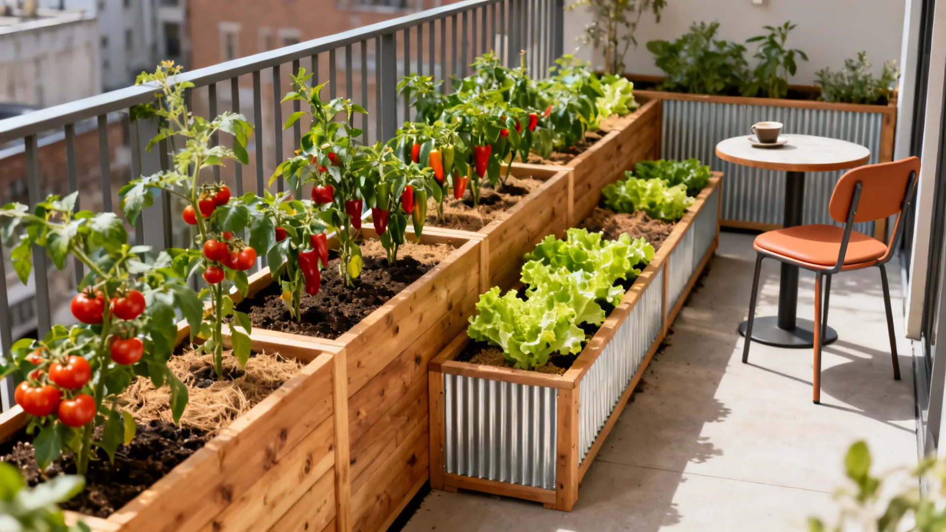 Staggered cedar raised beds on a small balcony with tomatoes, peppers, and lettuce.
