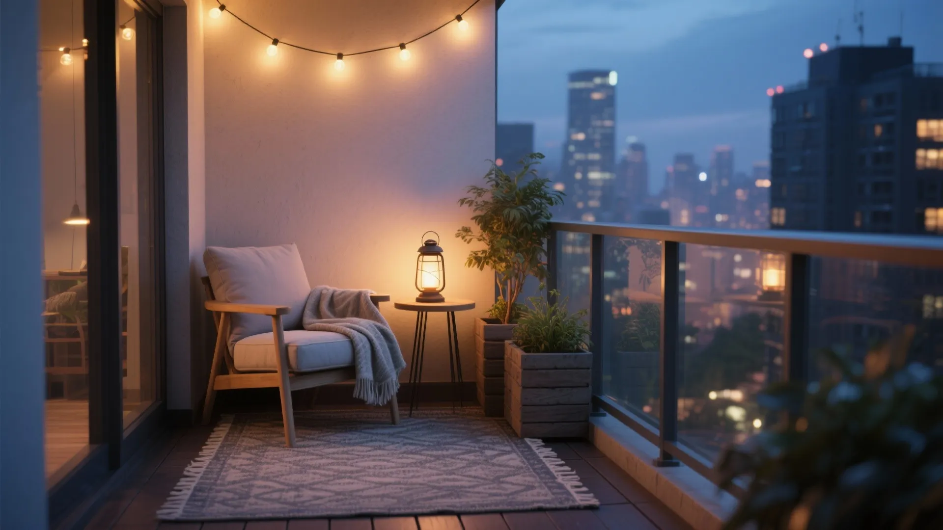 Cozy balcony reading nook at night with comfy armchair string lights and beautiful city view