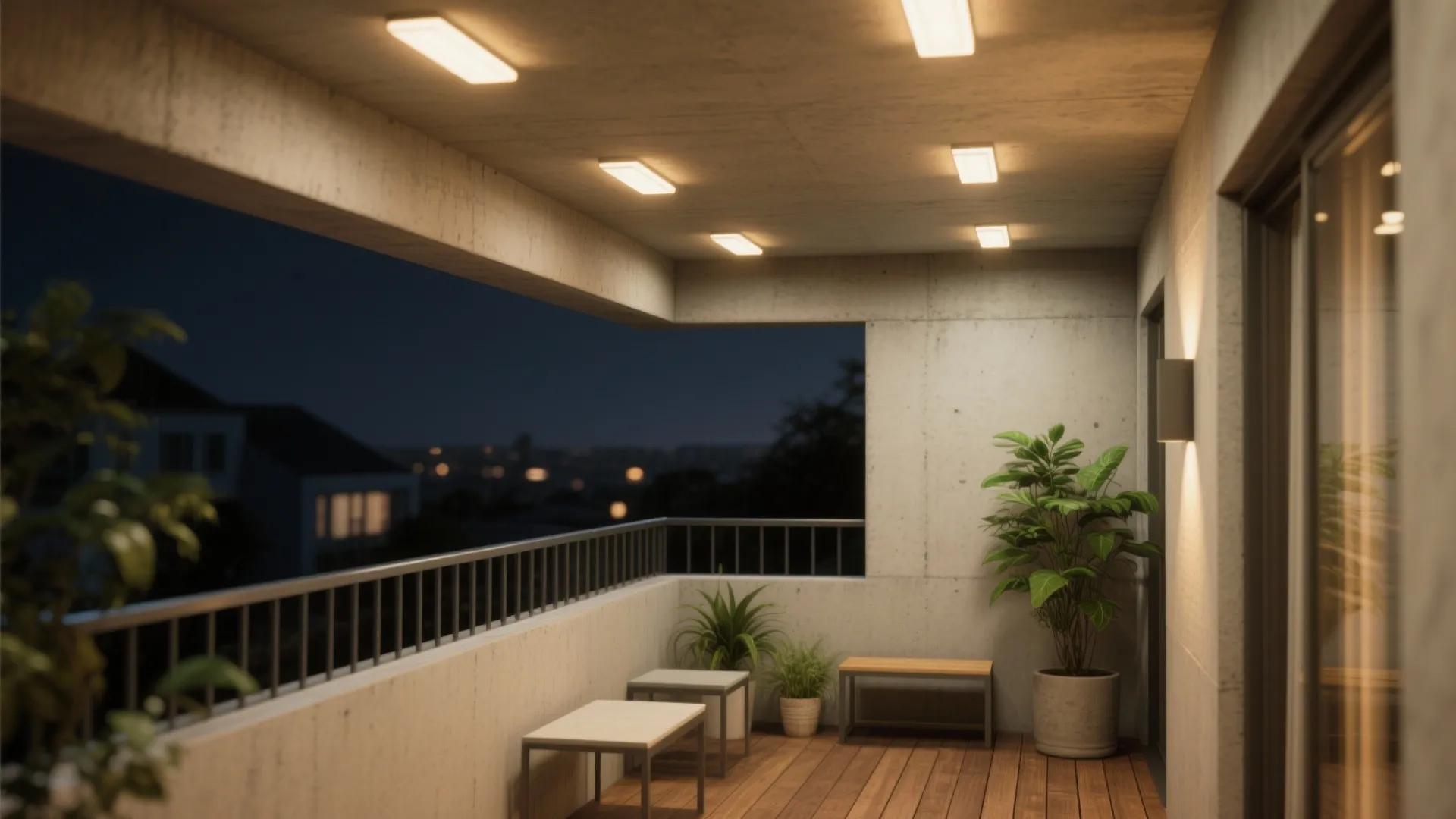 Covered balcony featuring wooden floor boards grey wall panels ceiling lights and city night view