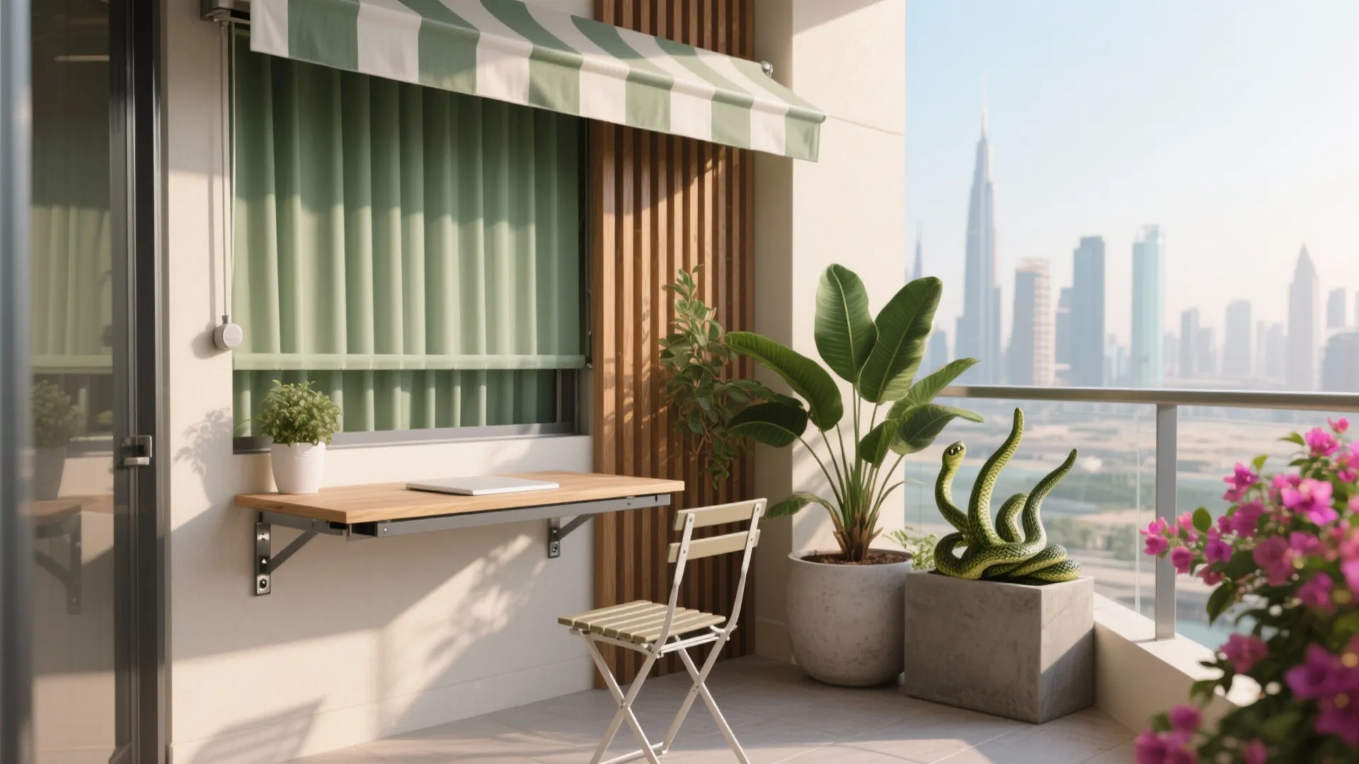 Balcony micro-retreat: shade, greens, and a fold-down desk
