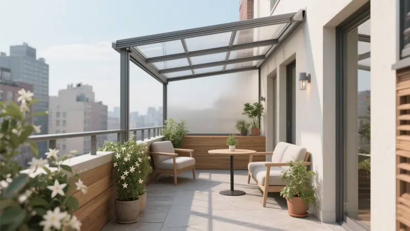 Modern Balcony Design with Glass Canopy & Greenery