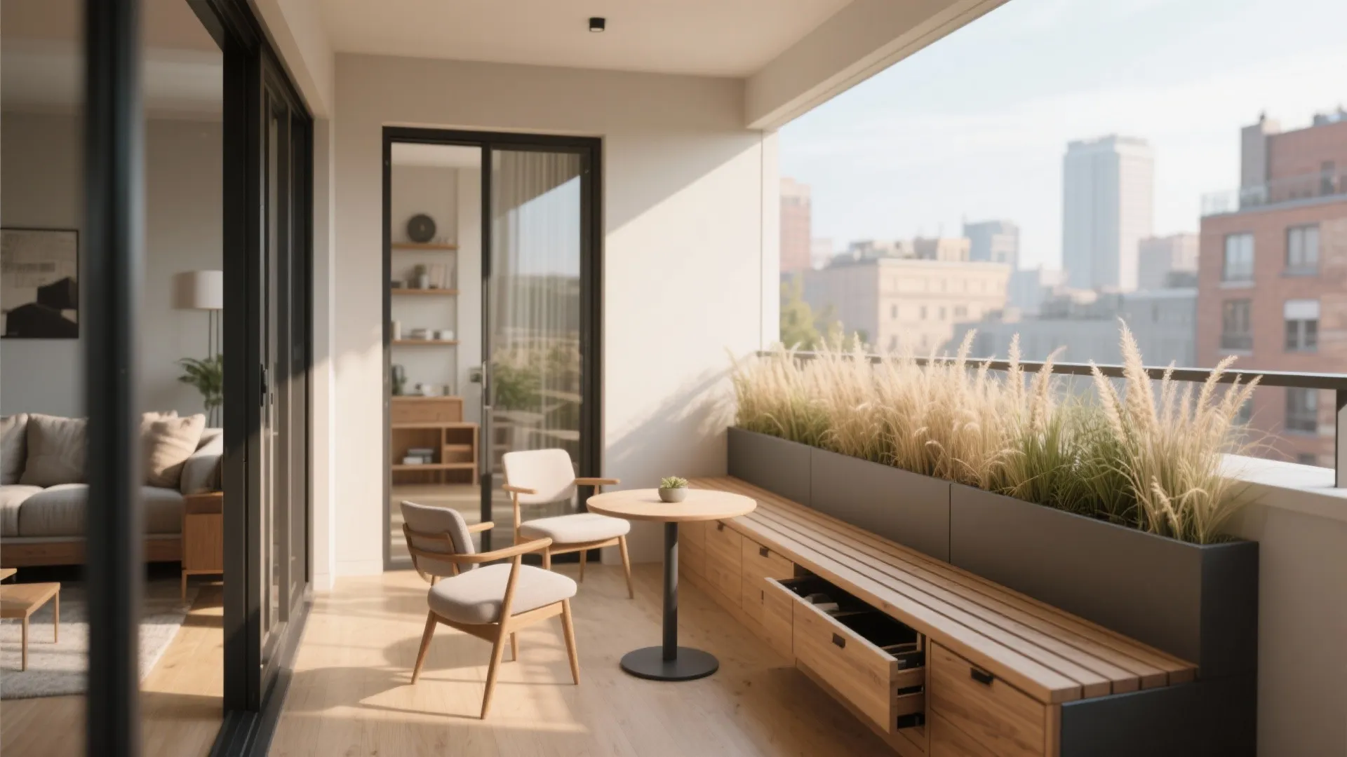 1.5 m deep balcony with slatted storage bench, table, chairs, and planter edge for privacy.