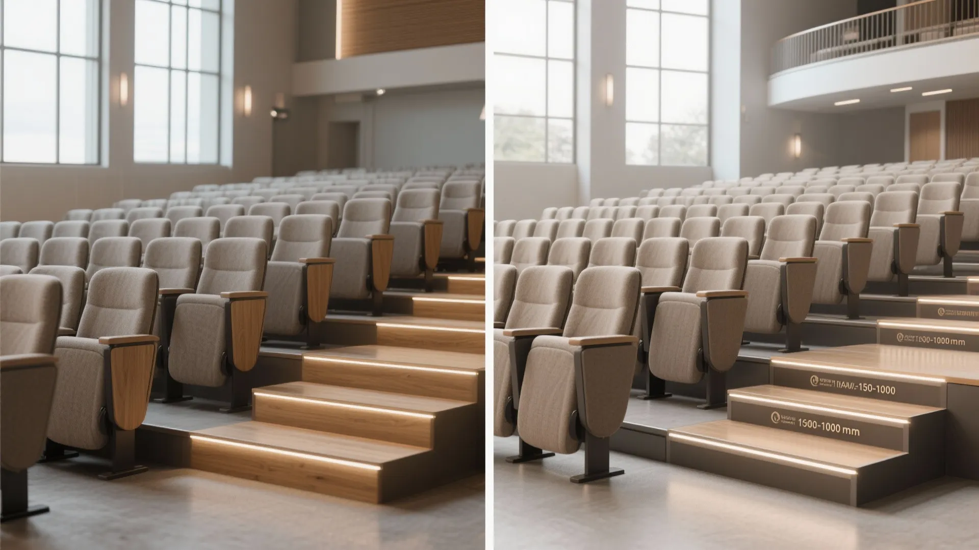 Side-section comparison of balcony rows showing improved comfort with deeper row spacing and tuned risers.