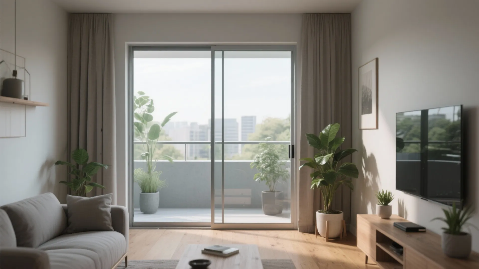 Living room with grey sofa wooden floor and sliding glass door leading to balcony with plants