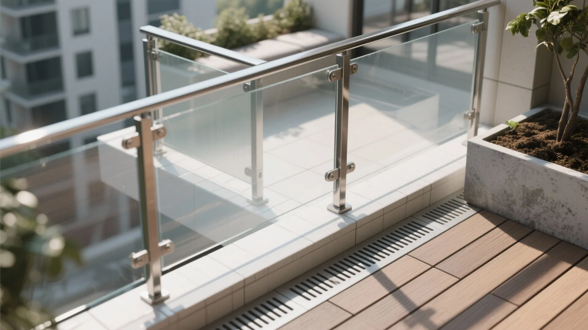 Modern balcony with glass railing stainless steel handrail white tile floor wood decking and green plants