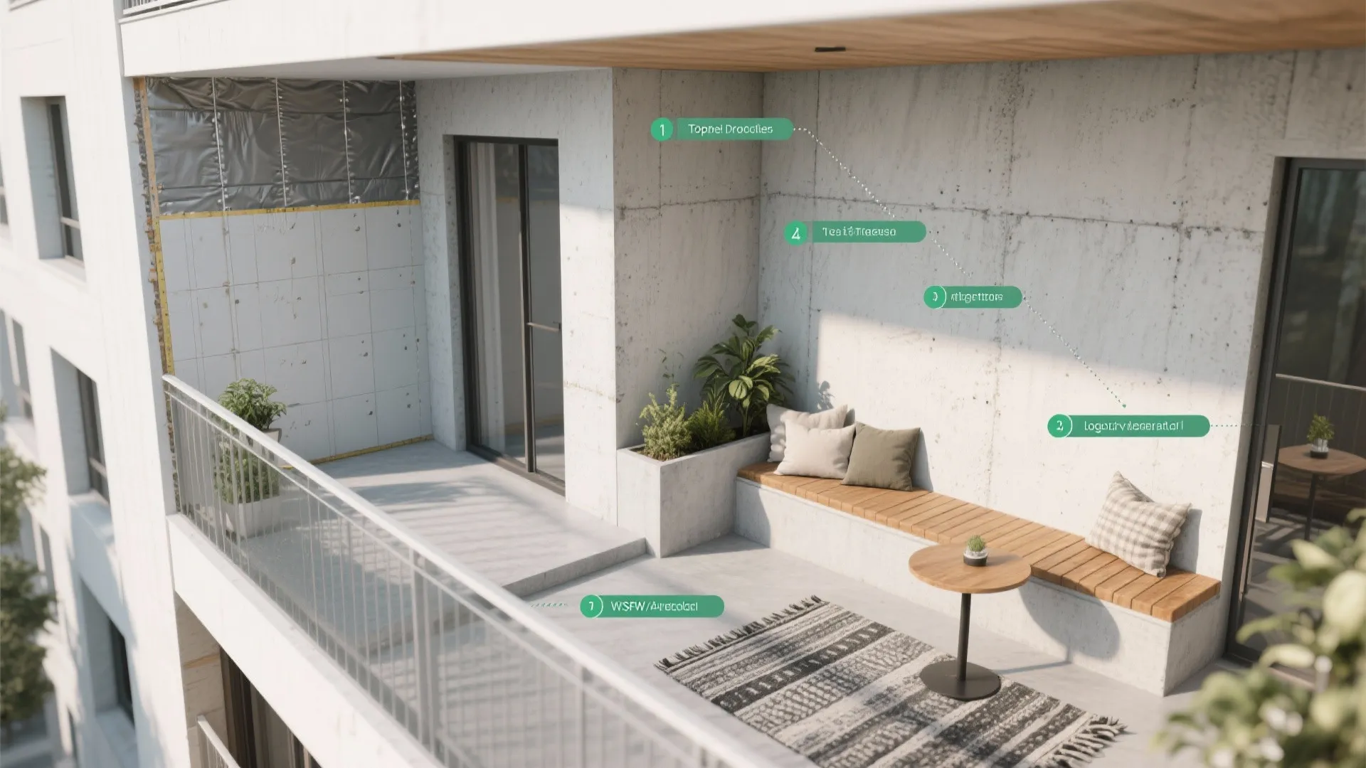 Modern balcony interior design with wooden bench seating cushions small table rug and green potted plants