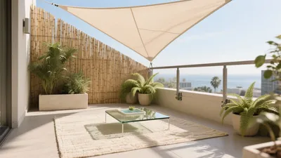 Serene Balcony Oasis with Natural Materials and Sea View