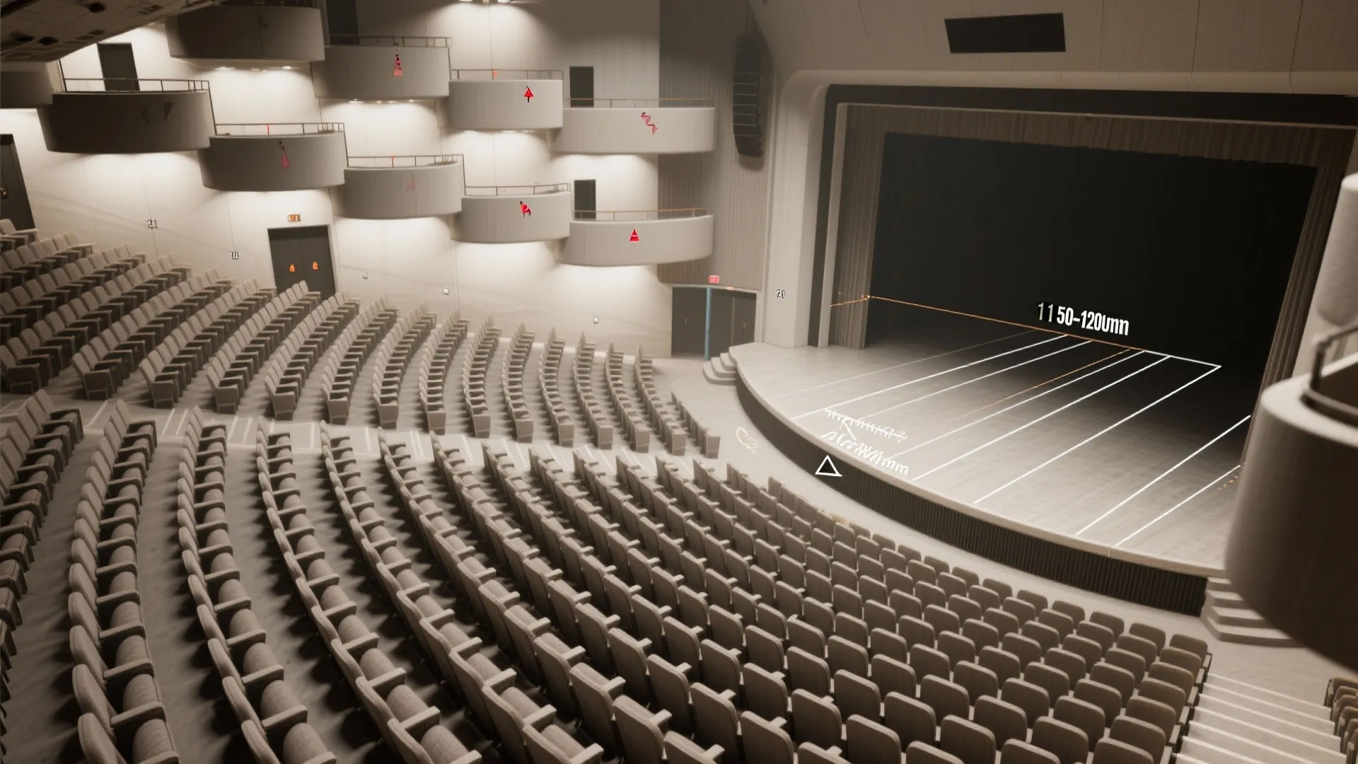 Top-down balcony layout highlighting staggered seats and clear sightlines to the proscenium.