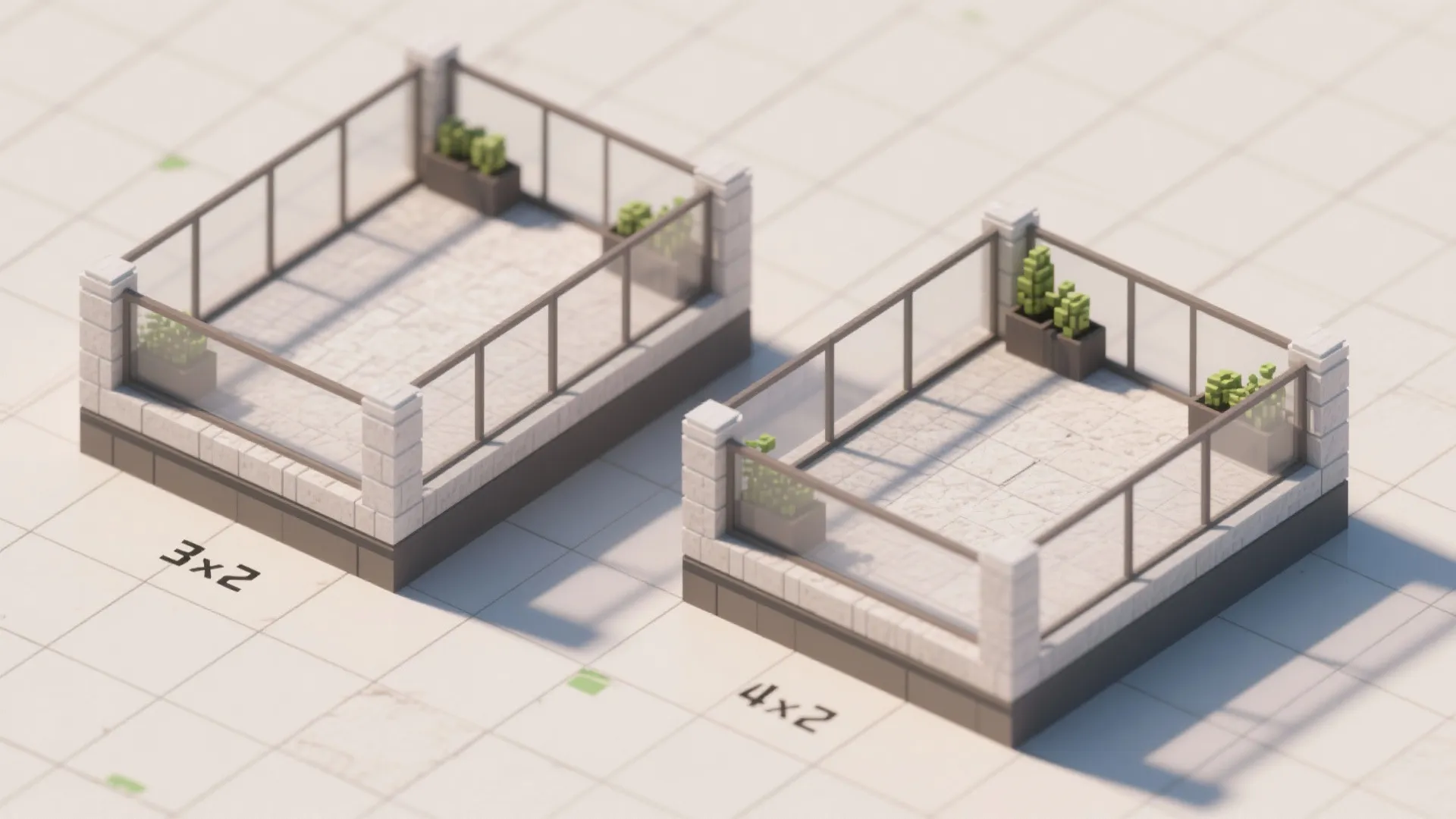 Interior design drawing showing two balcony size options with glass railings and small green plants