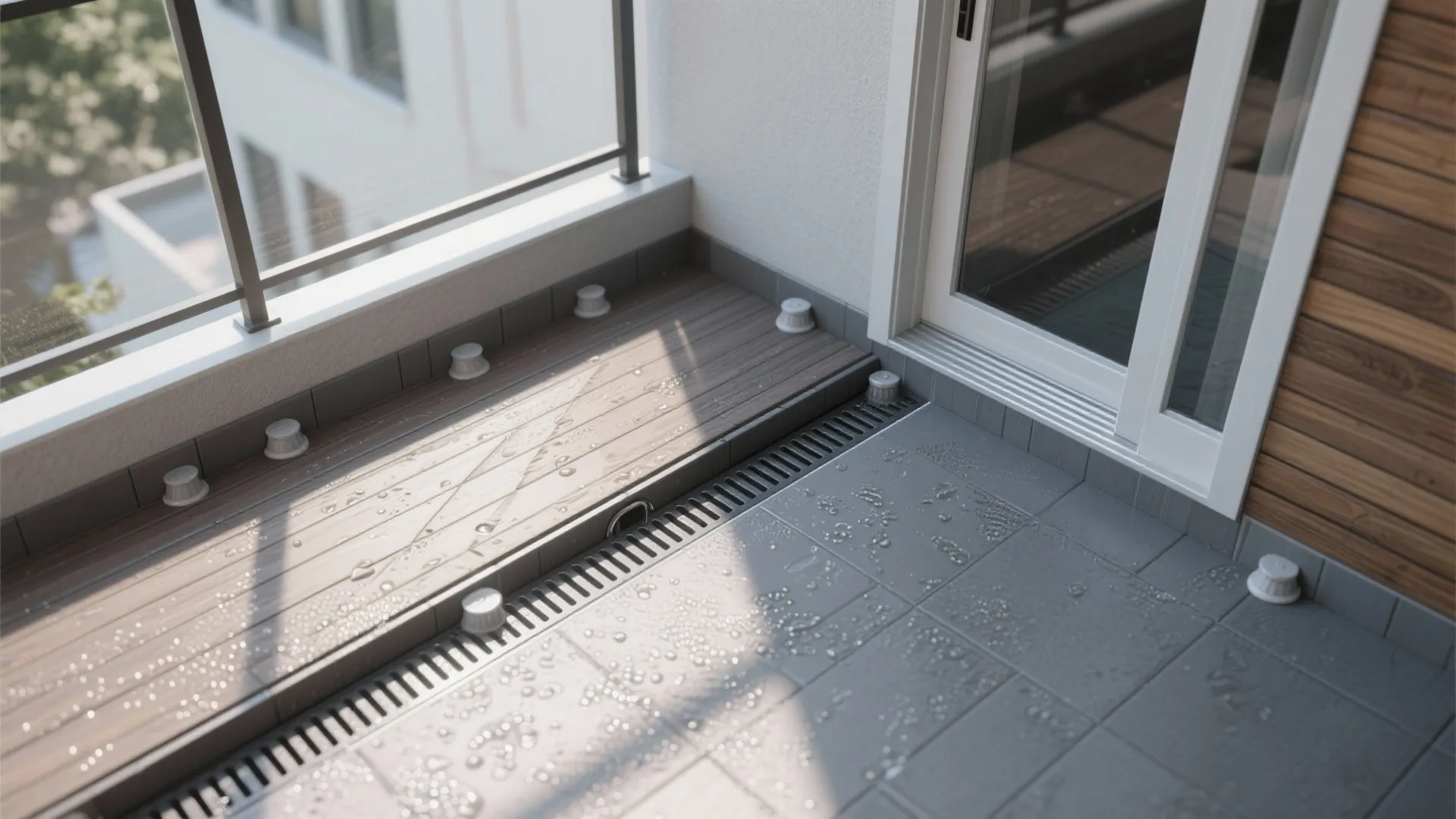 Top-down view of balcony flooring with subtle slope, drain, and non-slip surface guiding water away.