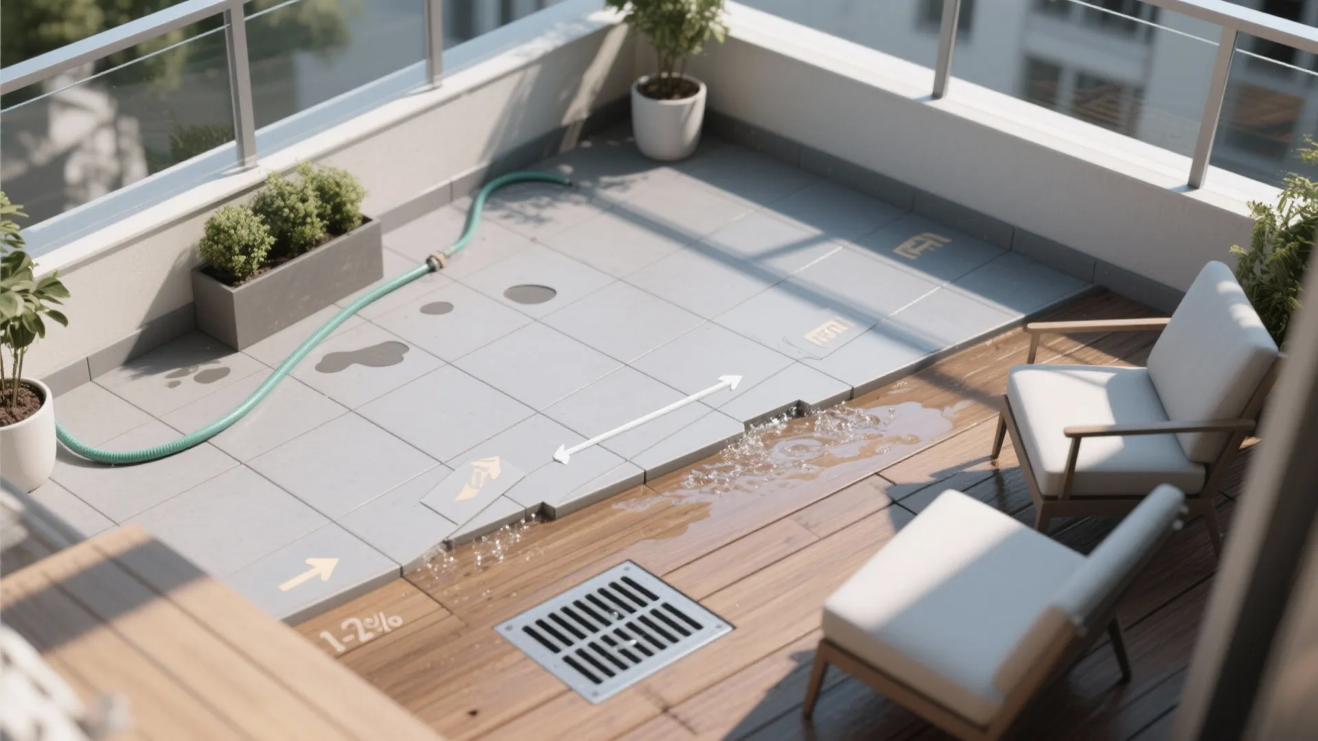 1) Sloped surfaces that quietly move water