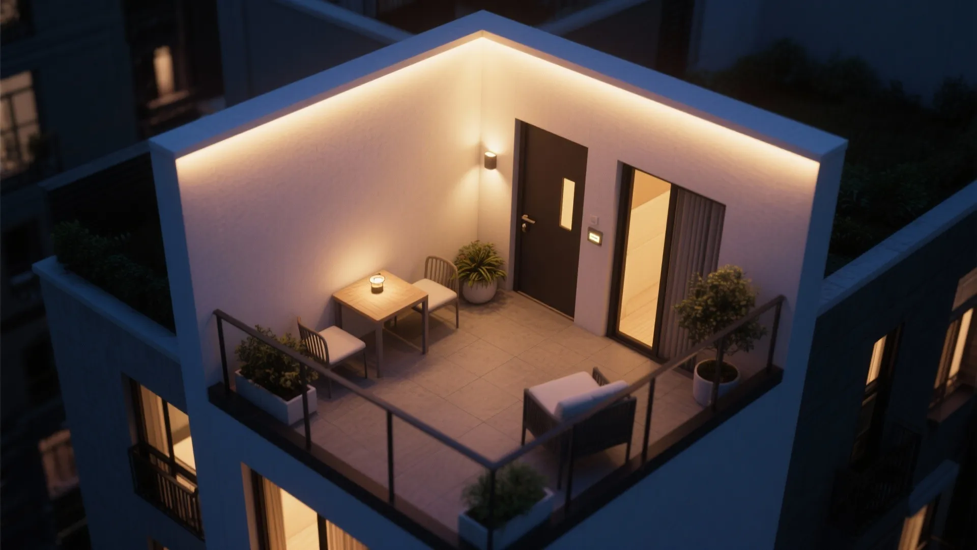 Modern rooftop balcony at night with warm ceiling lights table chairs and green potted plants