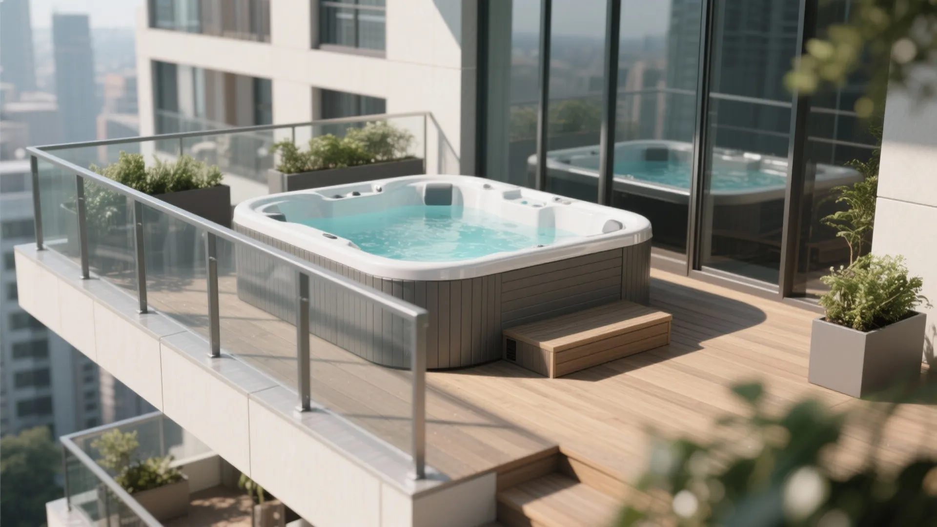 Compact balcony spa on an engineered lightweight base with city views.