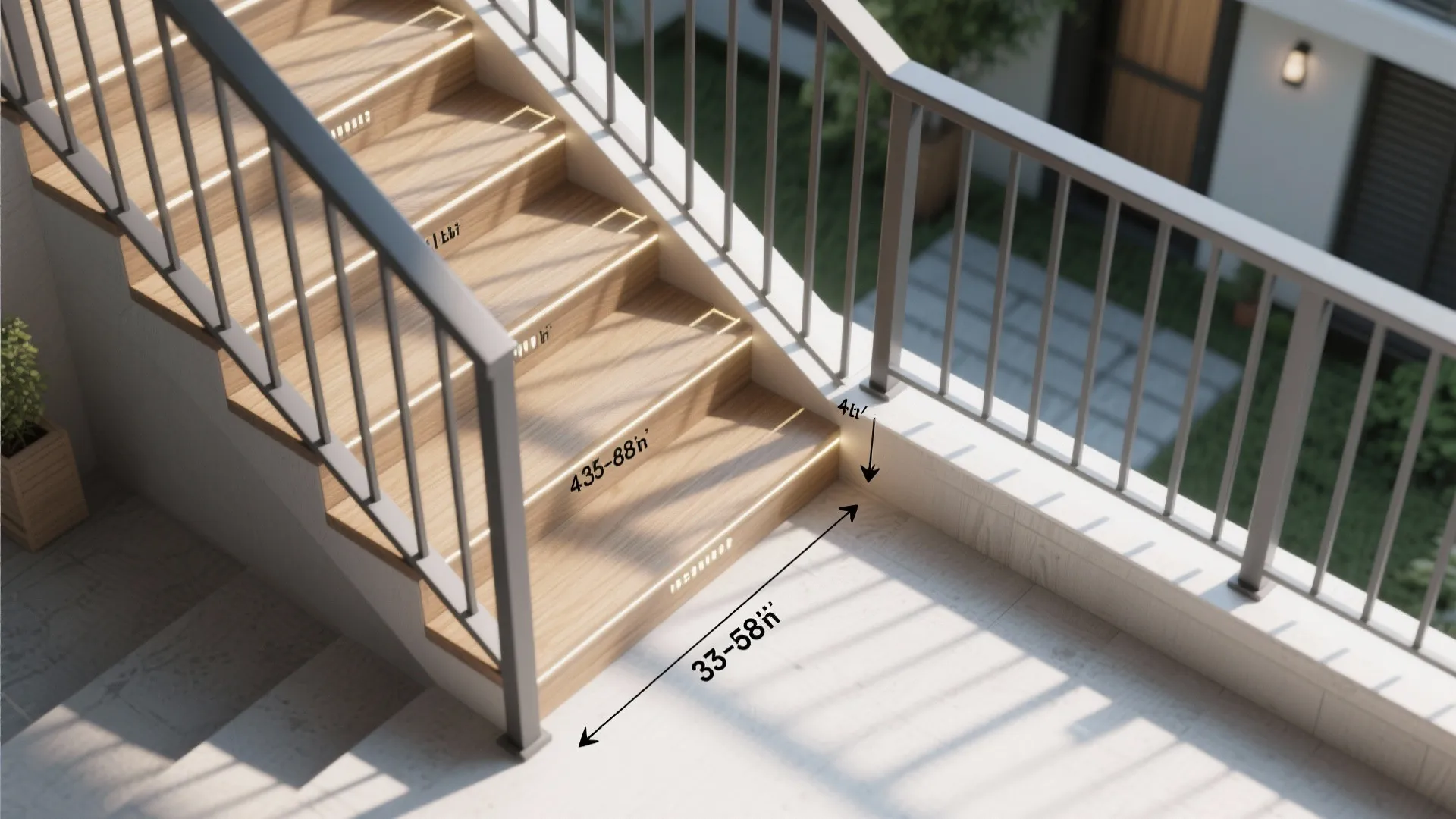 Close up of wooden outdoor stairs with metal handrail and white tile floor in daylight