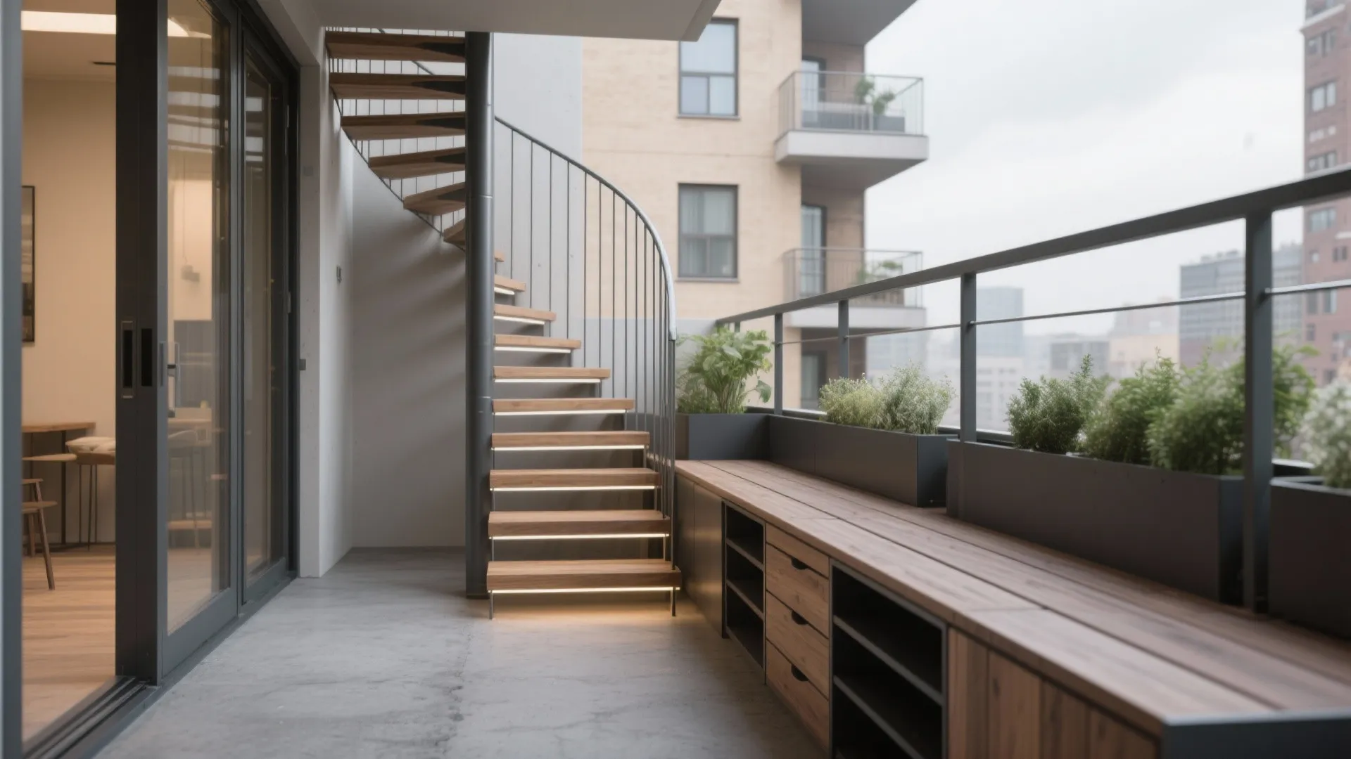 Modern balcony featuring curved wooden stairs with lights built in storage bench and green plants