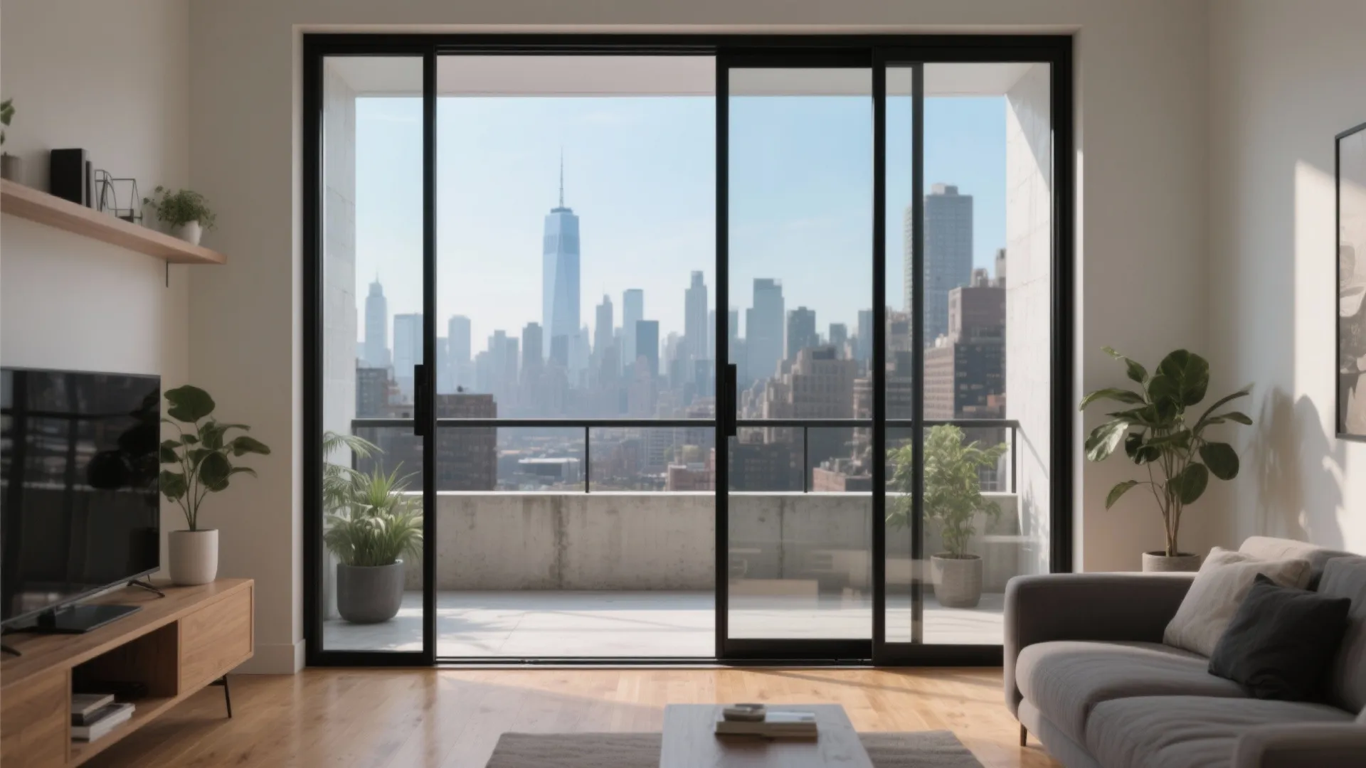 Modern living room with black sliding glass doors leading to balcony with city skyline view