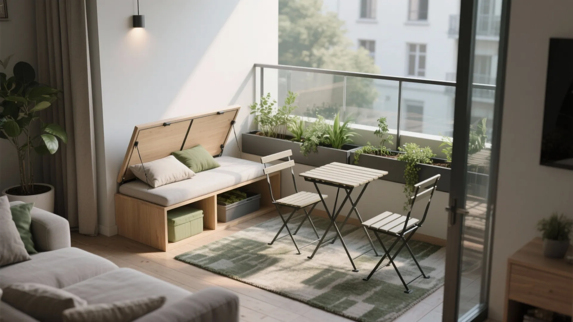 Compact balcony storage with seating and planters