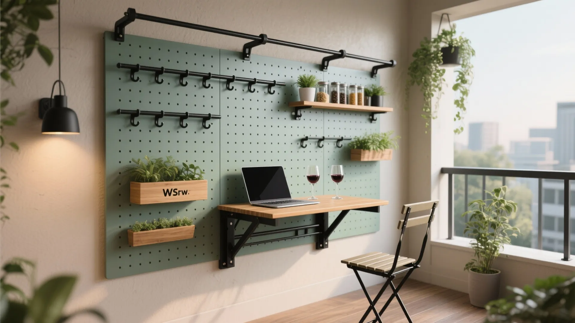 Wall‑mounted storage: fold‑down bar, rails, and pegboards