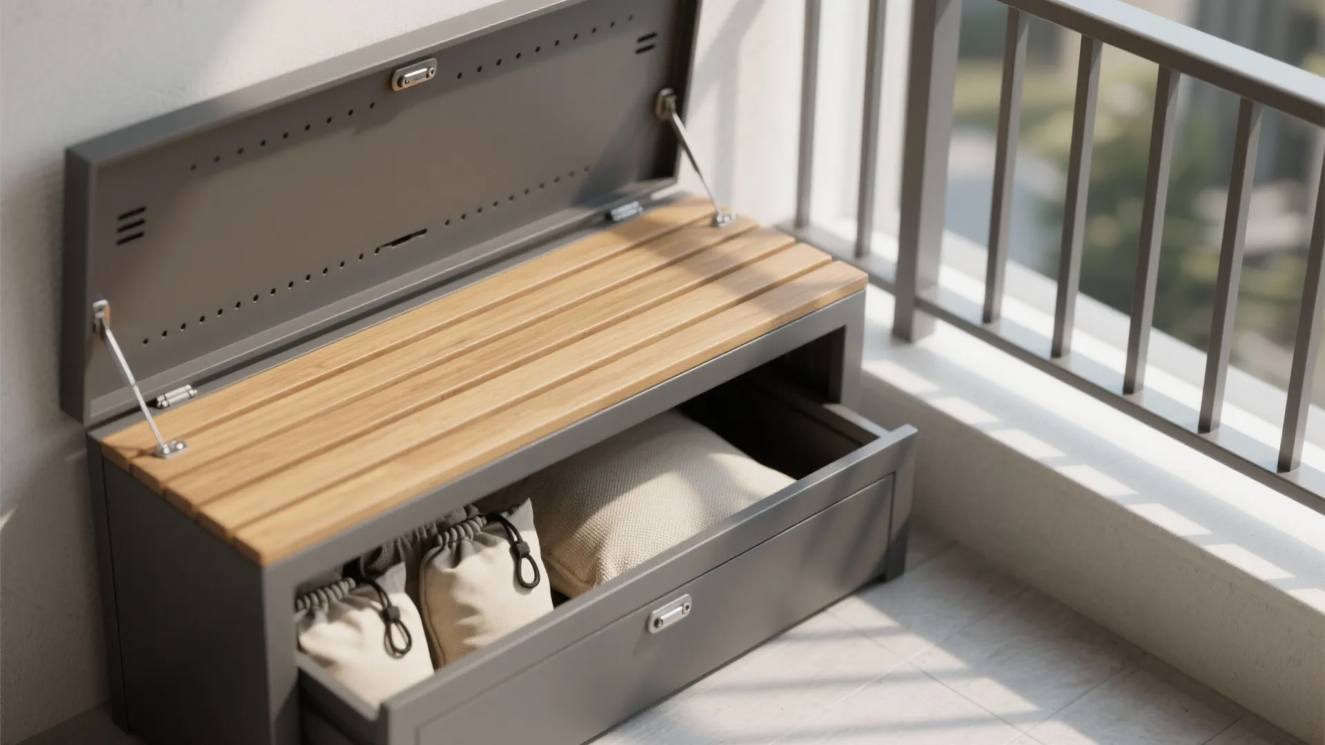 Grey metal outdoor cabinet with wooden top and open drawer holding pillows on a balcony