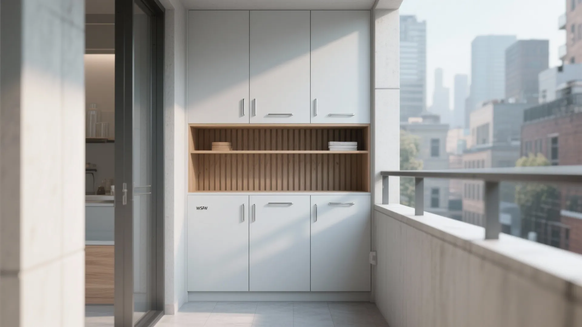 Minimalist balcony storage wall with a slim cabinet and slatted shelf that frees valuable floor space.