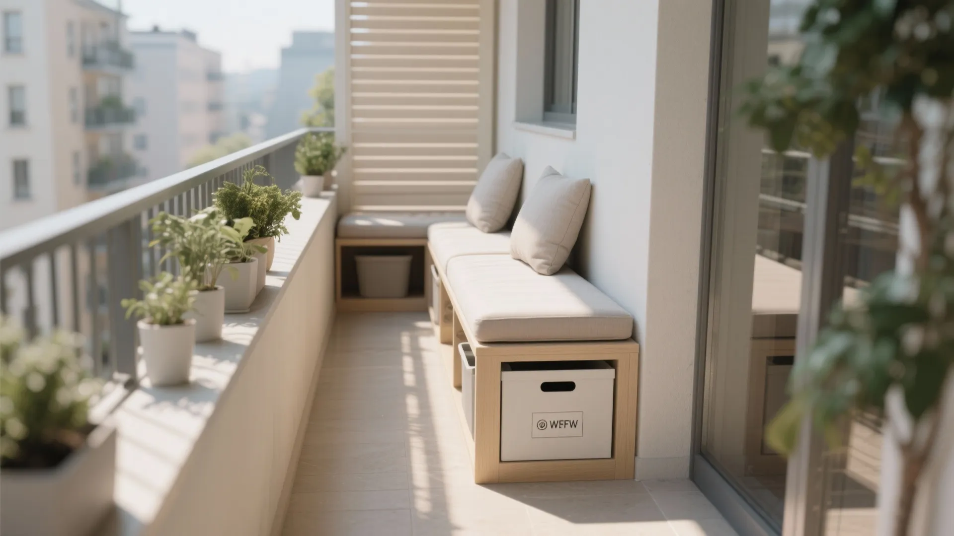 3) Narrow bench storage with UV-safe cushion locker