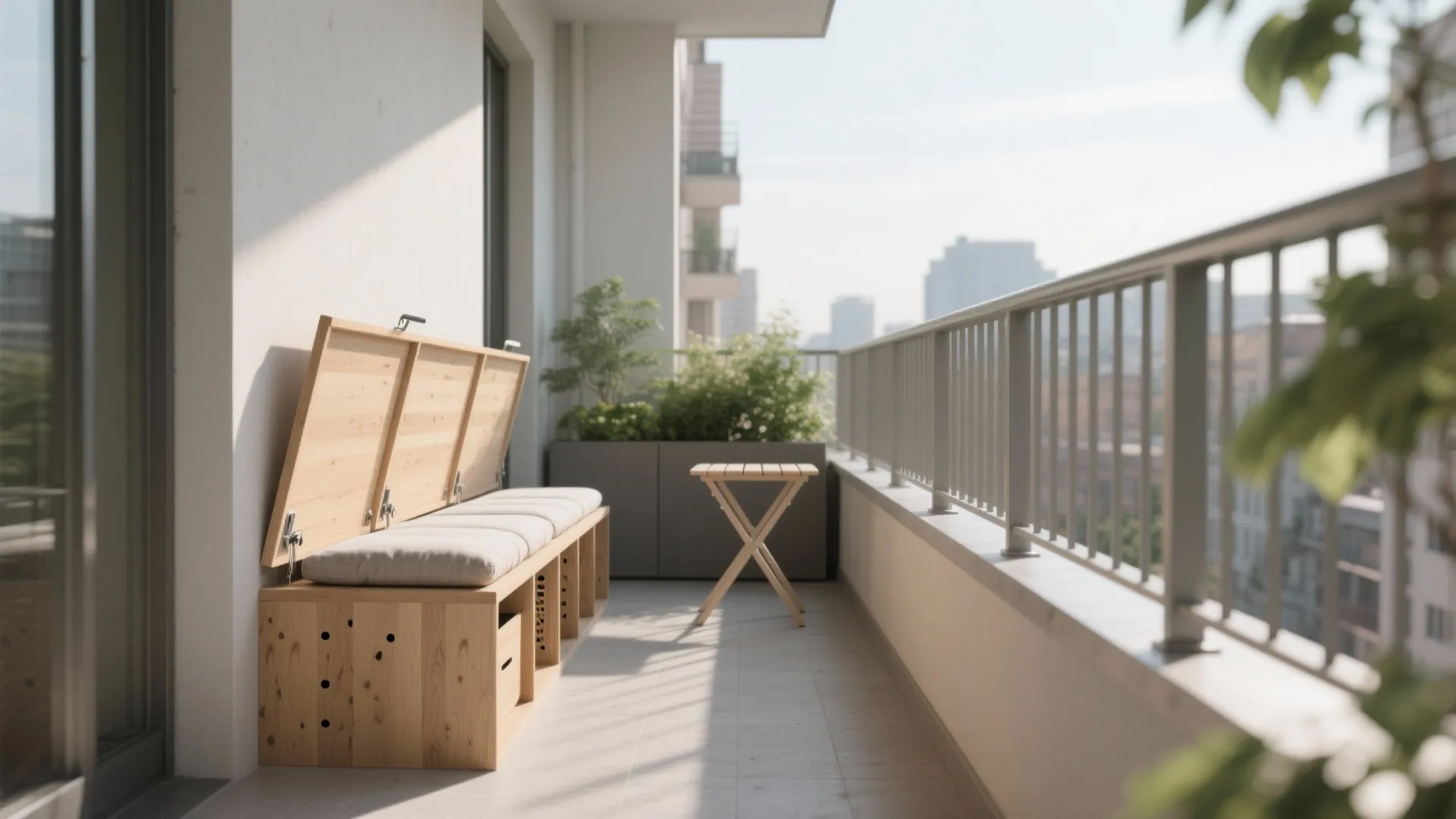 1) Minimal balcony storage with hidden seating