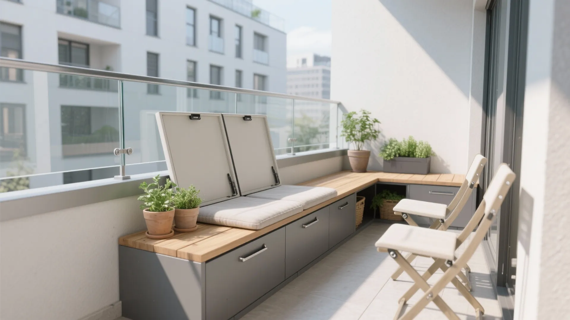 1) Minimal balcony storage that doubles as seating