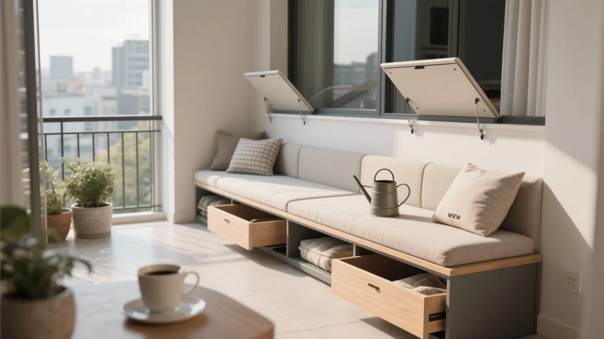 1) Minimalist balcony storage that doubles as seating