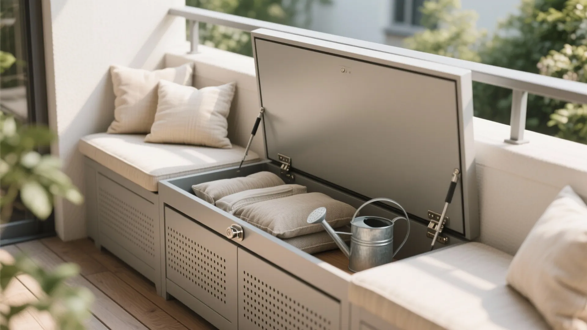 1) Minimal balcony storage that doubles as seating