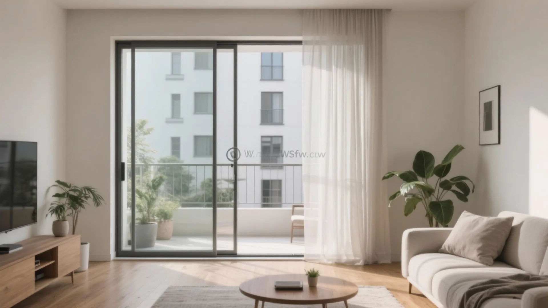Modern living room with white sofa and plants including large sliding glass door to balcony