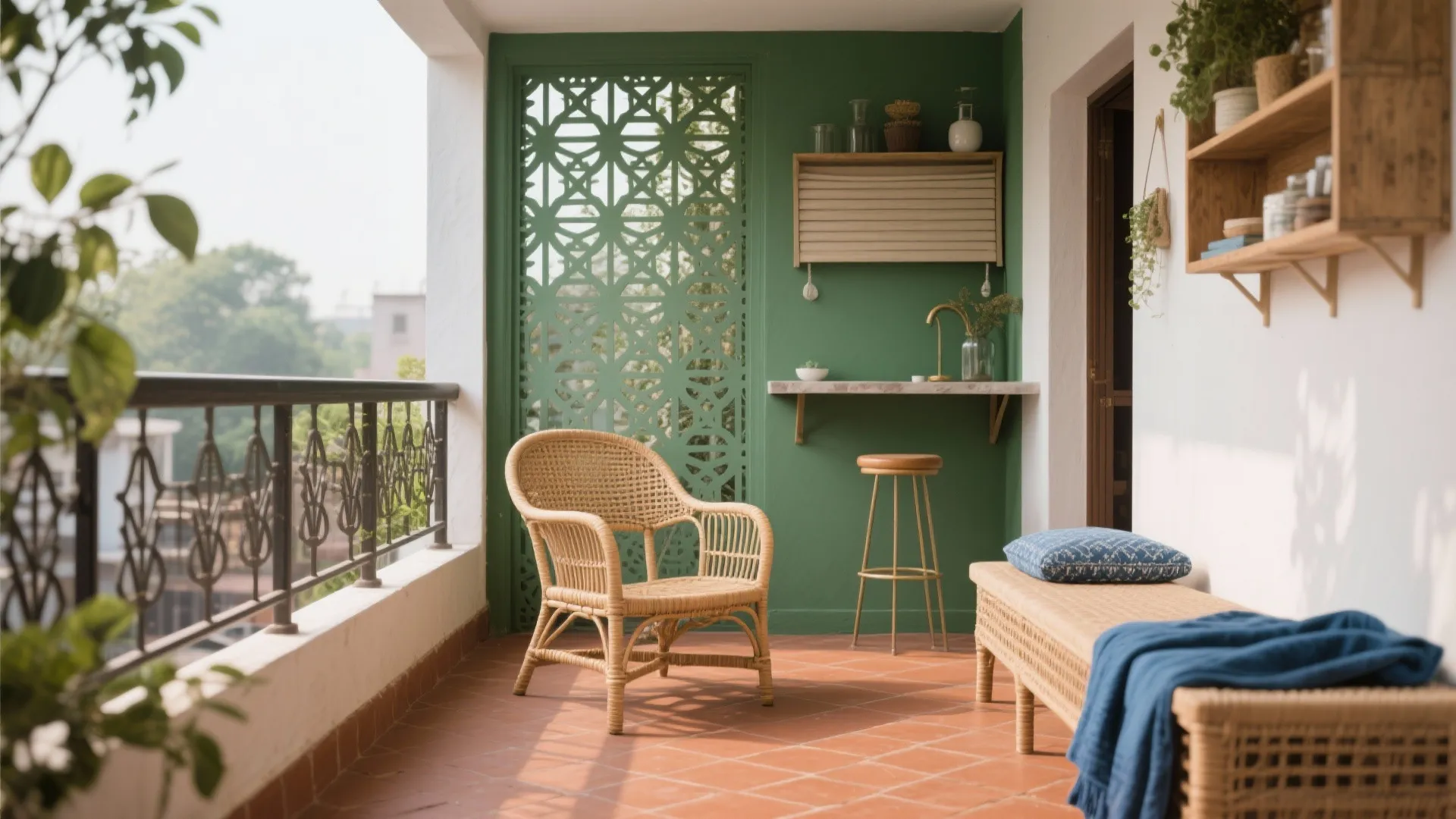Compact Indian balcony showcasing terracotta, cane, green wall, jaali, fold-down bar, and indigo accents.