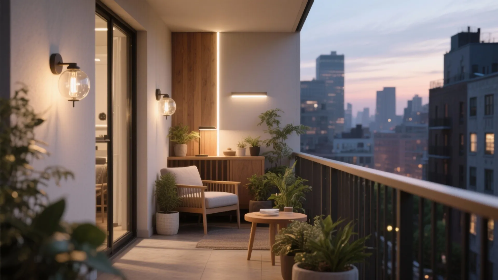 Cozy balcony at dusk with wall light wood panel chair small table and many green plants