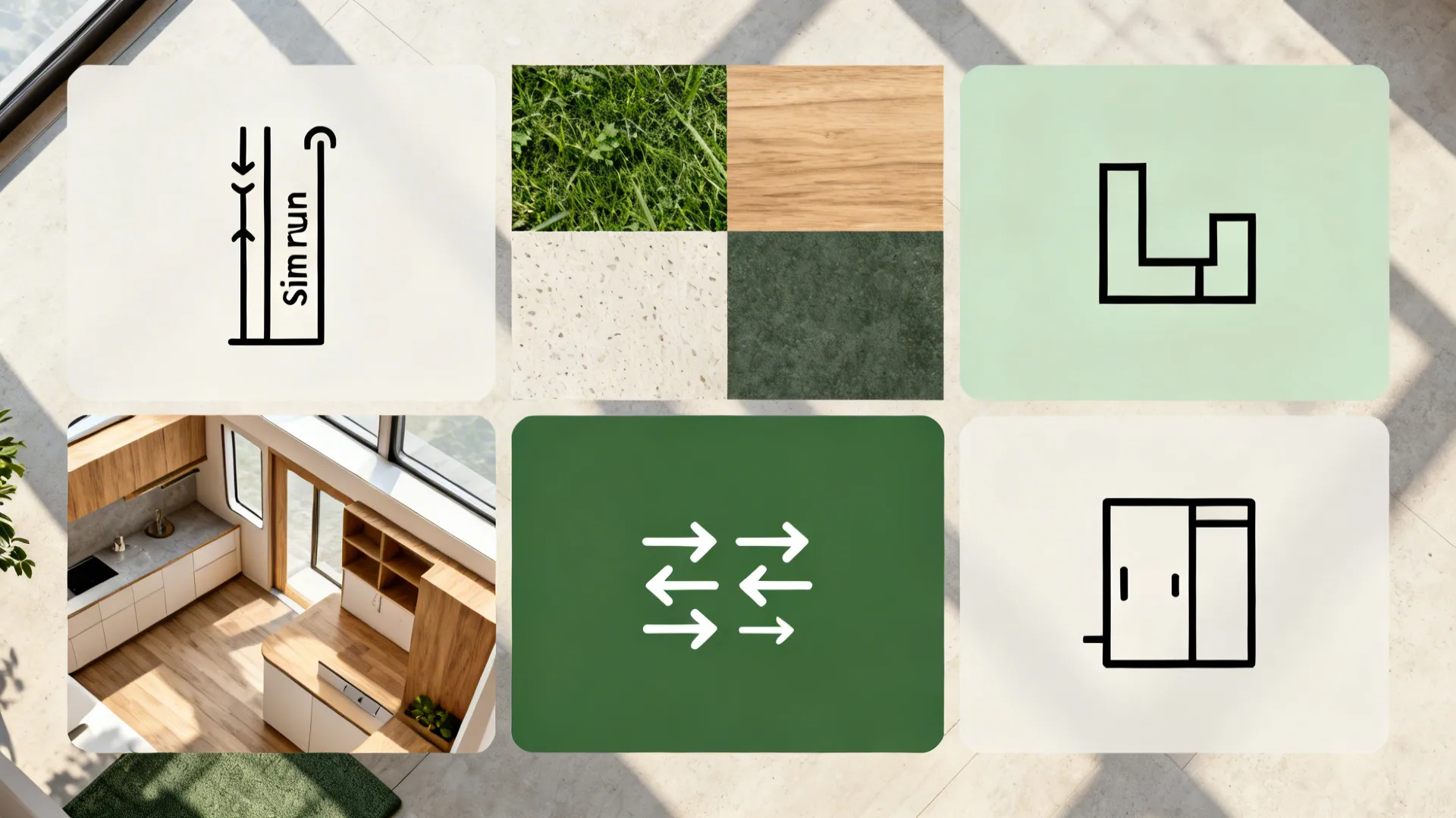 Top-down collage illustrating slim galley, durable materials, L layout, airflow, and flexible add-ons.