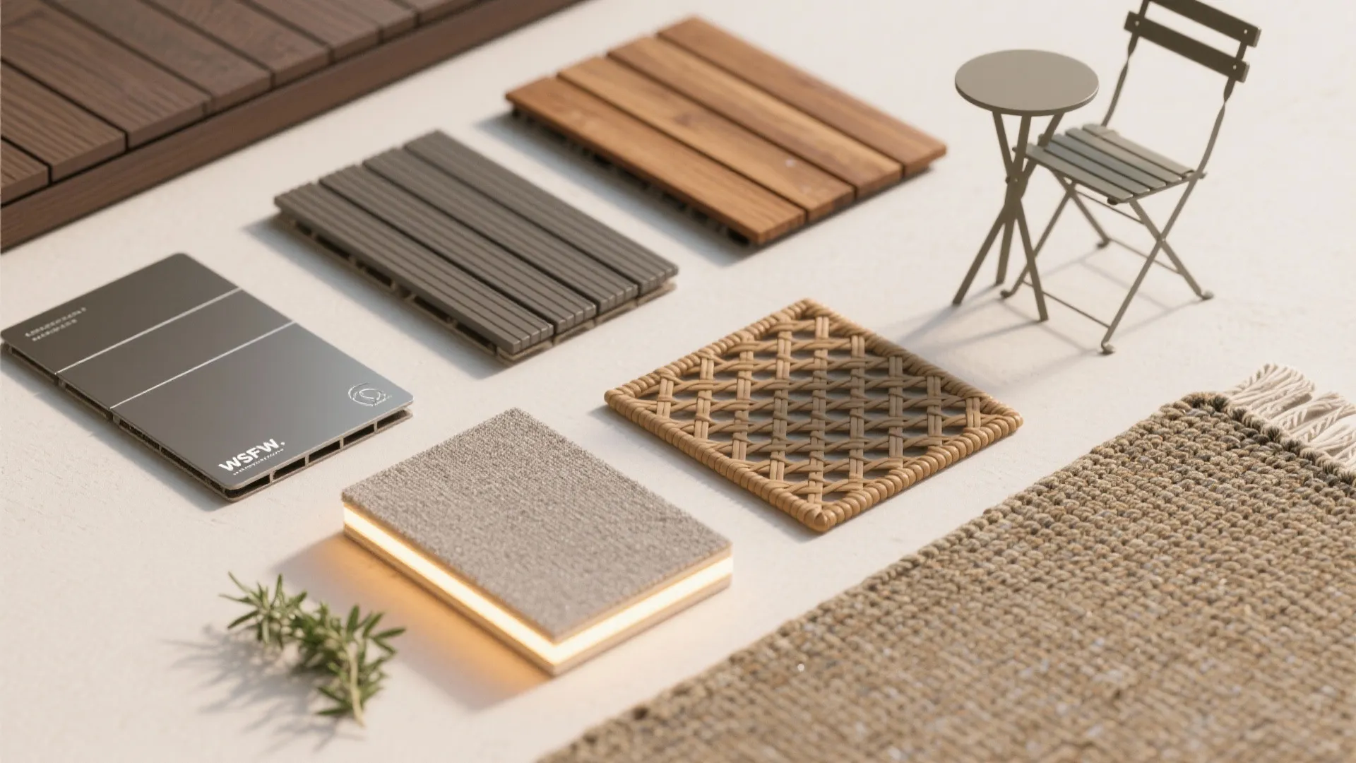 Selection of balcony materials including wood floor tiles carpet samples and a small outdoor folding chair