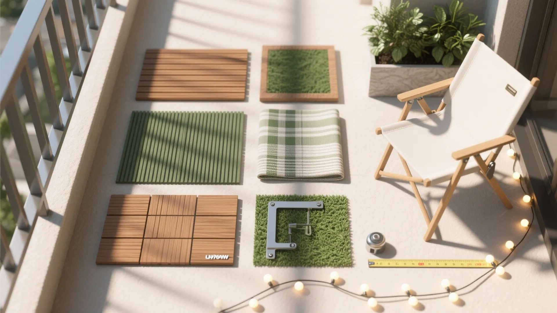 Balcony design elements showing floor tiles artificial grass a folding chair and small string lights