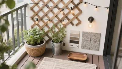 Cozy Balcony Design with String Lights and Greenery