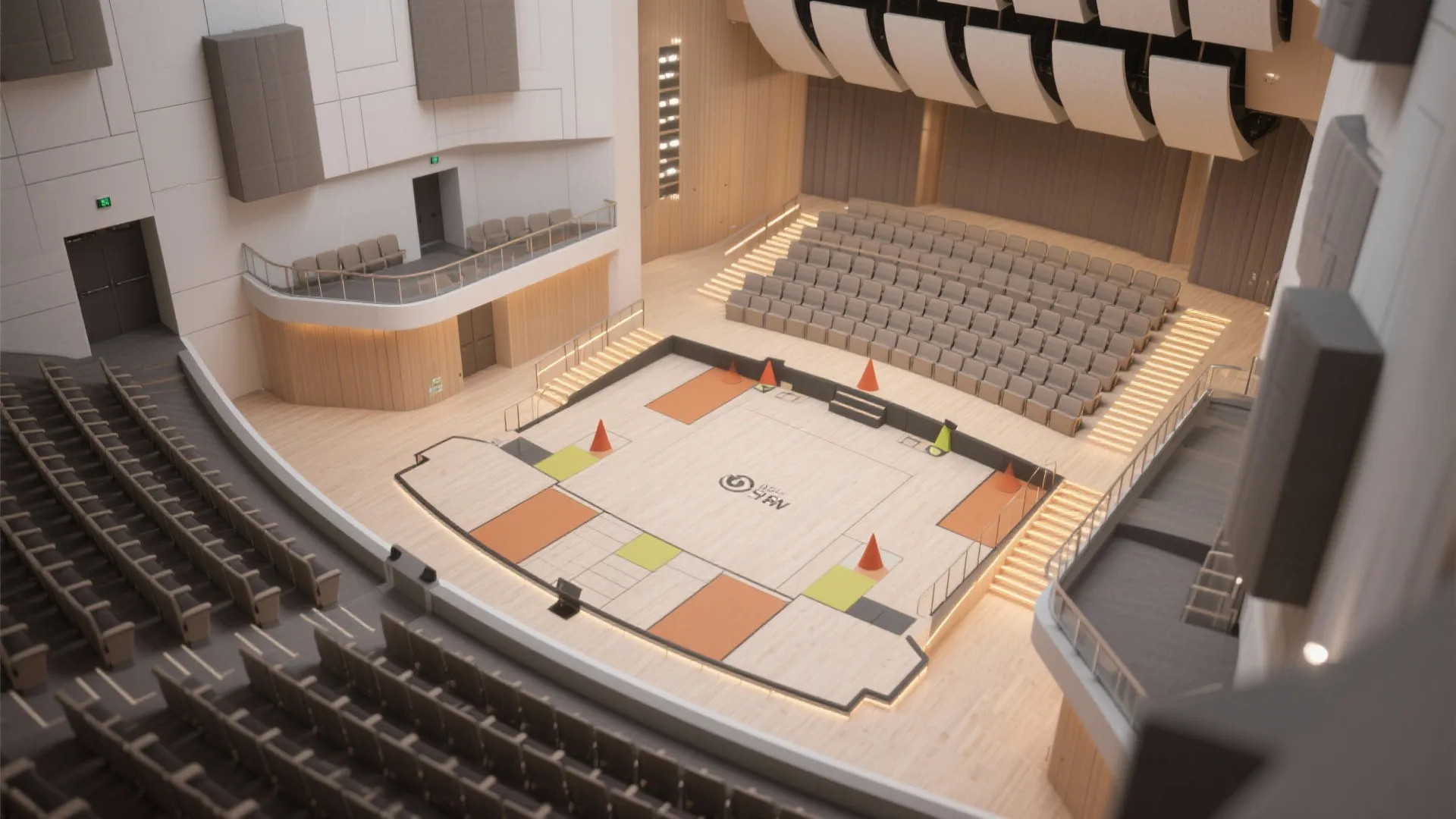 Top-down overview highlighting balcony sightlines, egress, guardrails, risers, and acoustic zones.