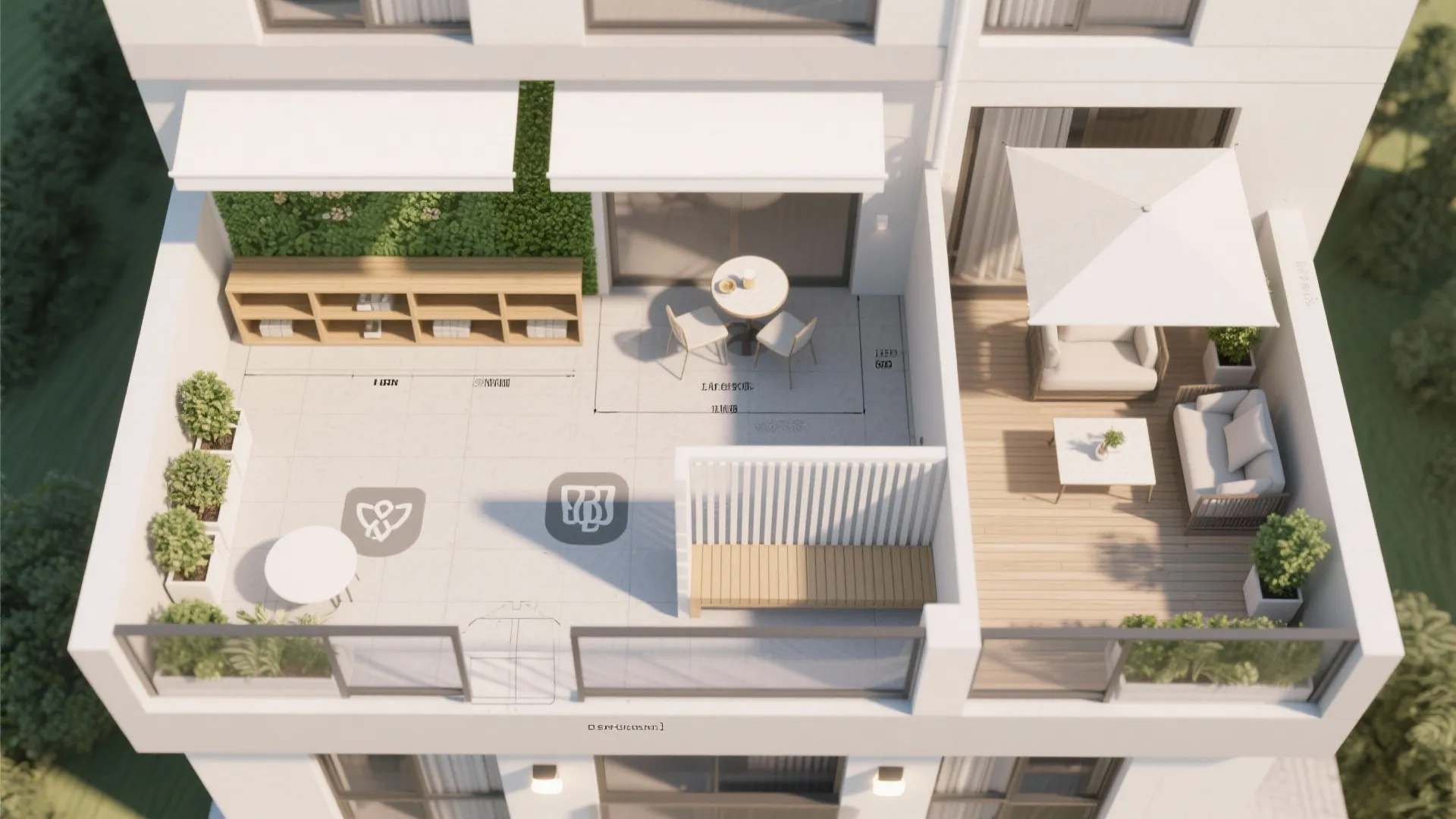 Top view balcony room layout showing outdoor sofa dining table white umbrella and small green plants